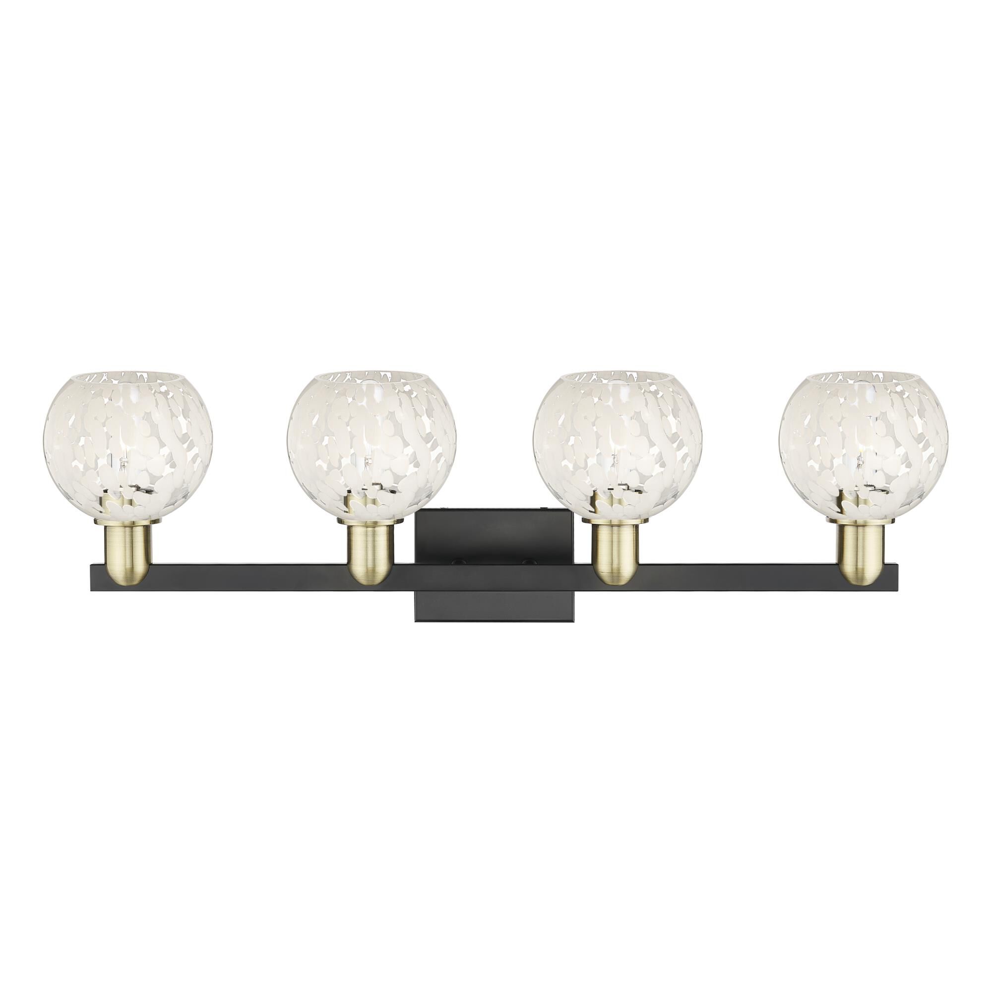 Shown in Black Antique Brass finish and White Mouchette glass