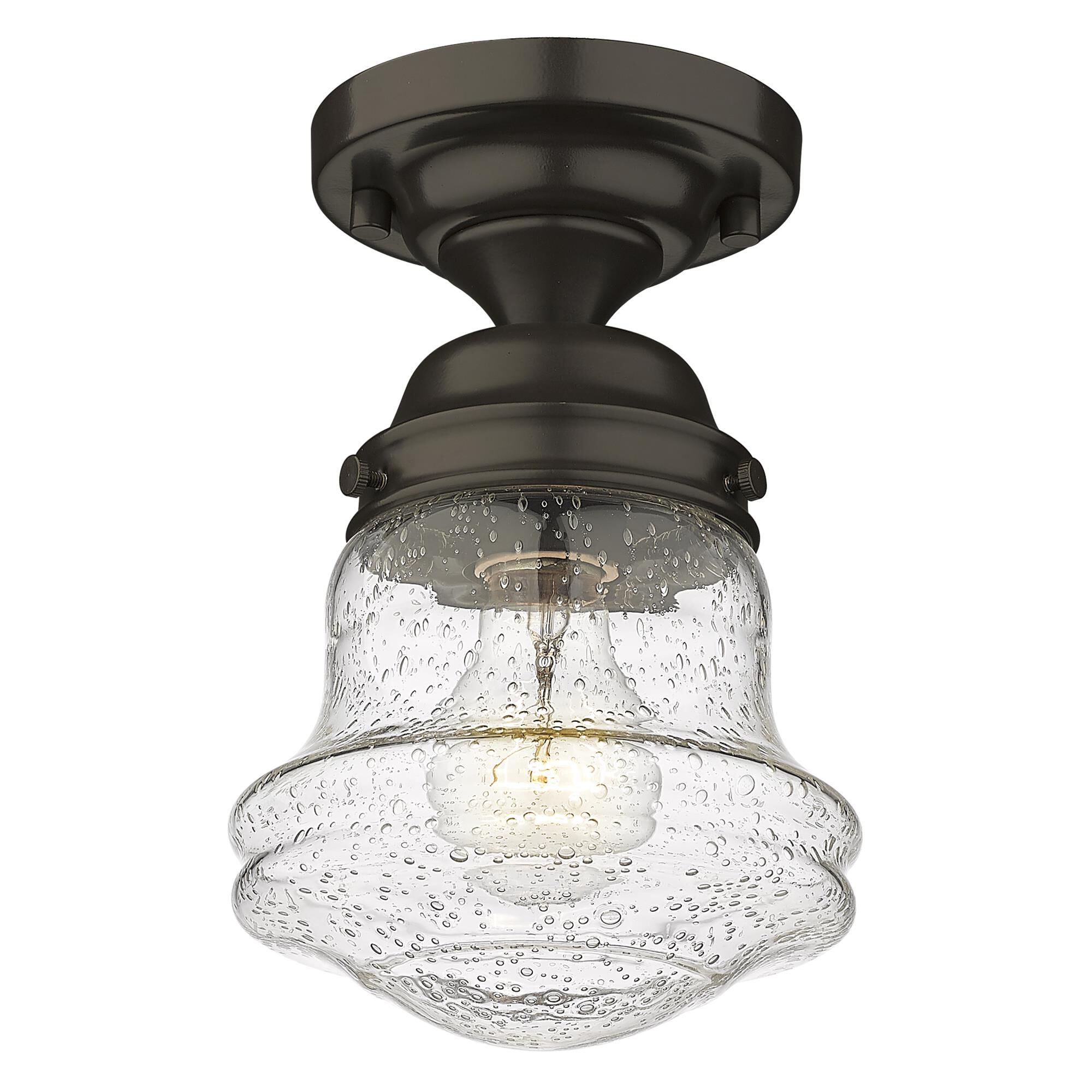 Shown in Bronze finish and Clear Seedy glass