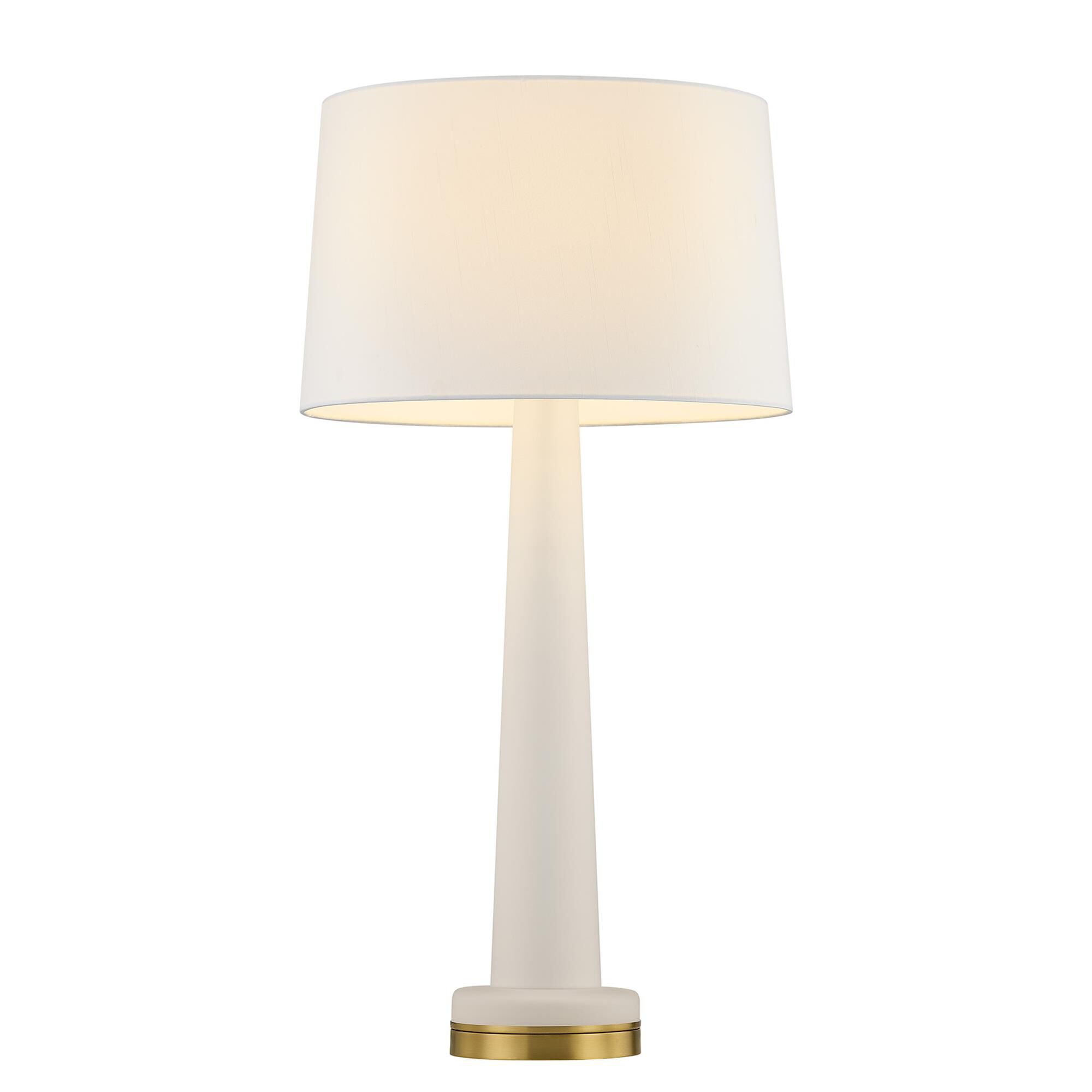 Shown in Warm Brass finish and White Fabric shade