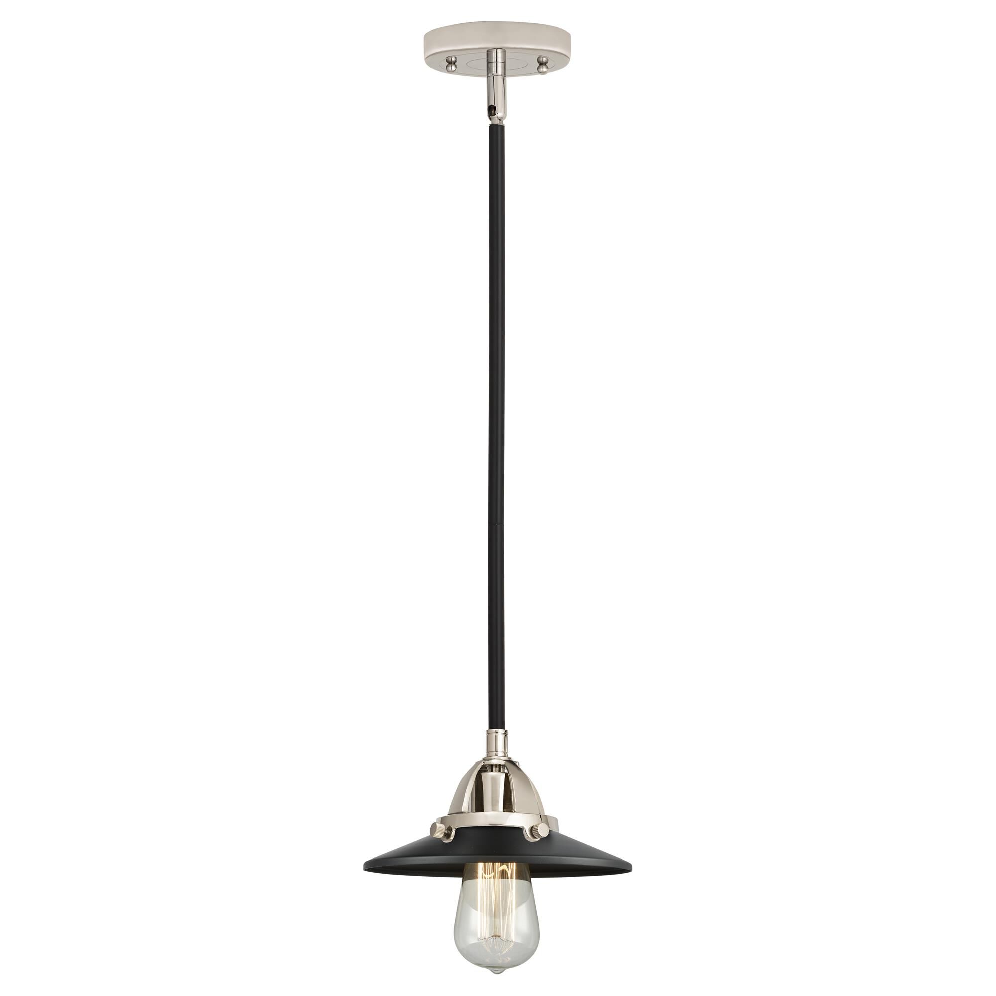 Shown in Black Polished Nickel finish and No Glass glass and Matte Black Railroad shade