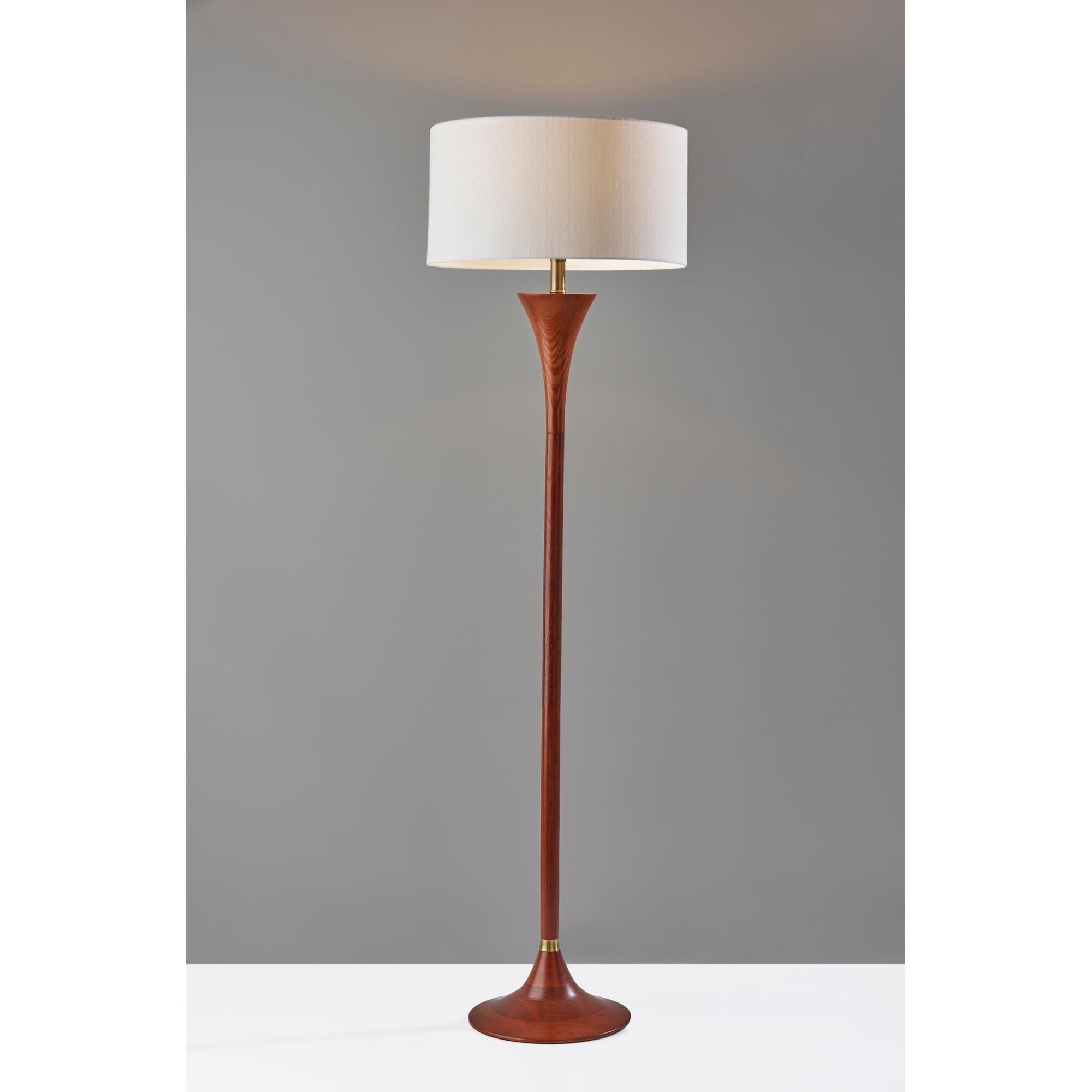 Shown in Walnut Rubberwood W. Antique Brass Accent finish and White Textured Fabric shade