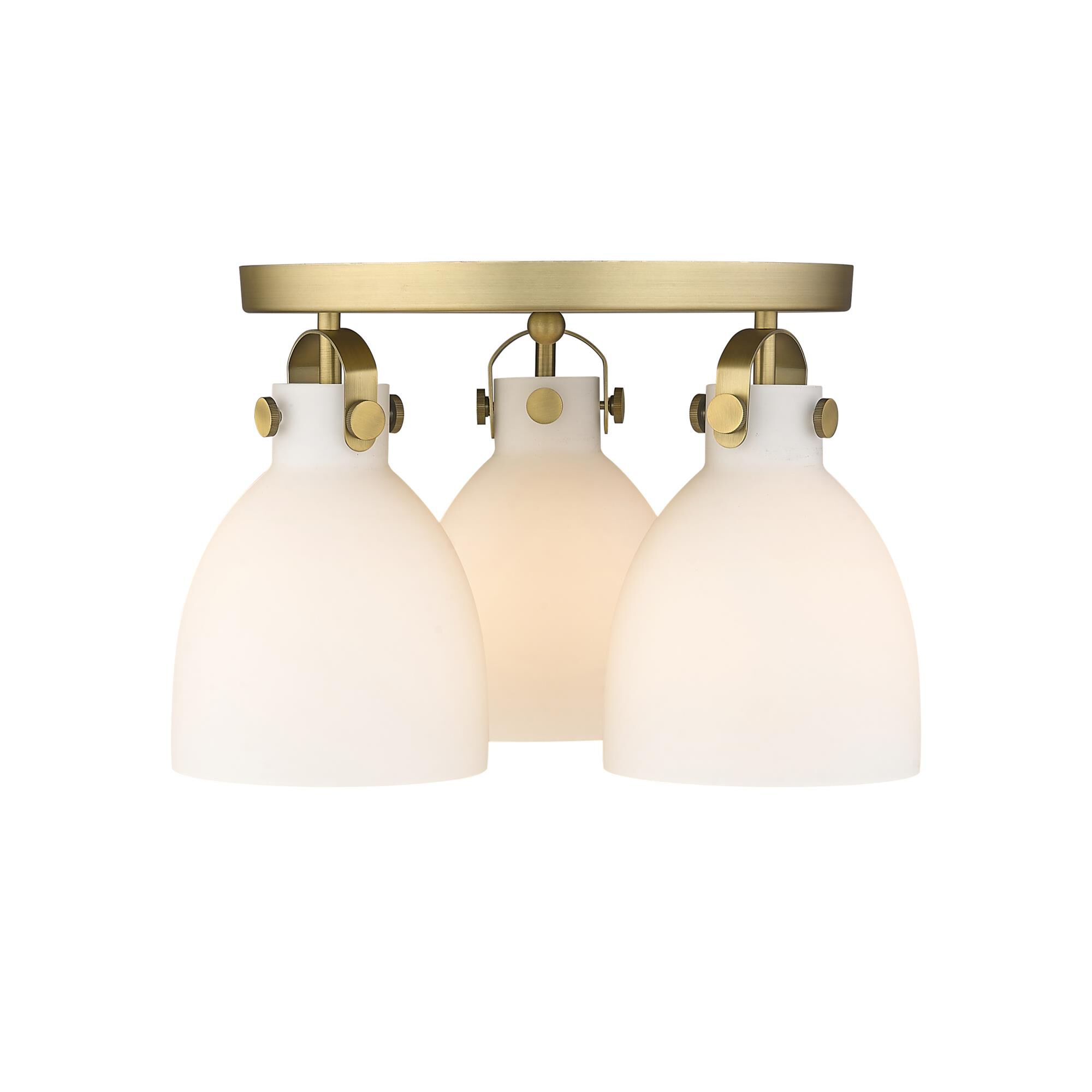 Shown in Brushed Brass finish and Matte White glass