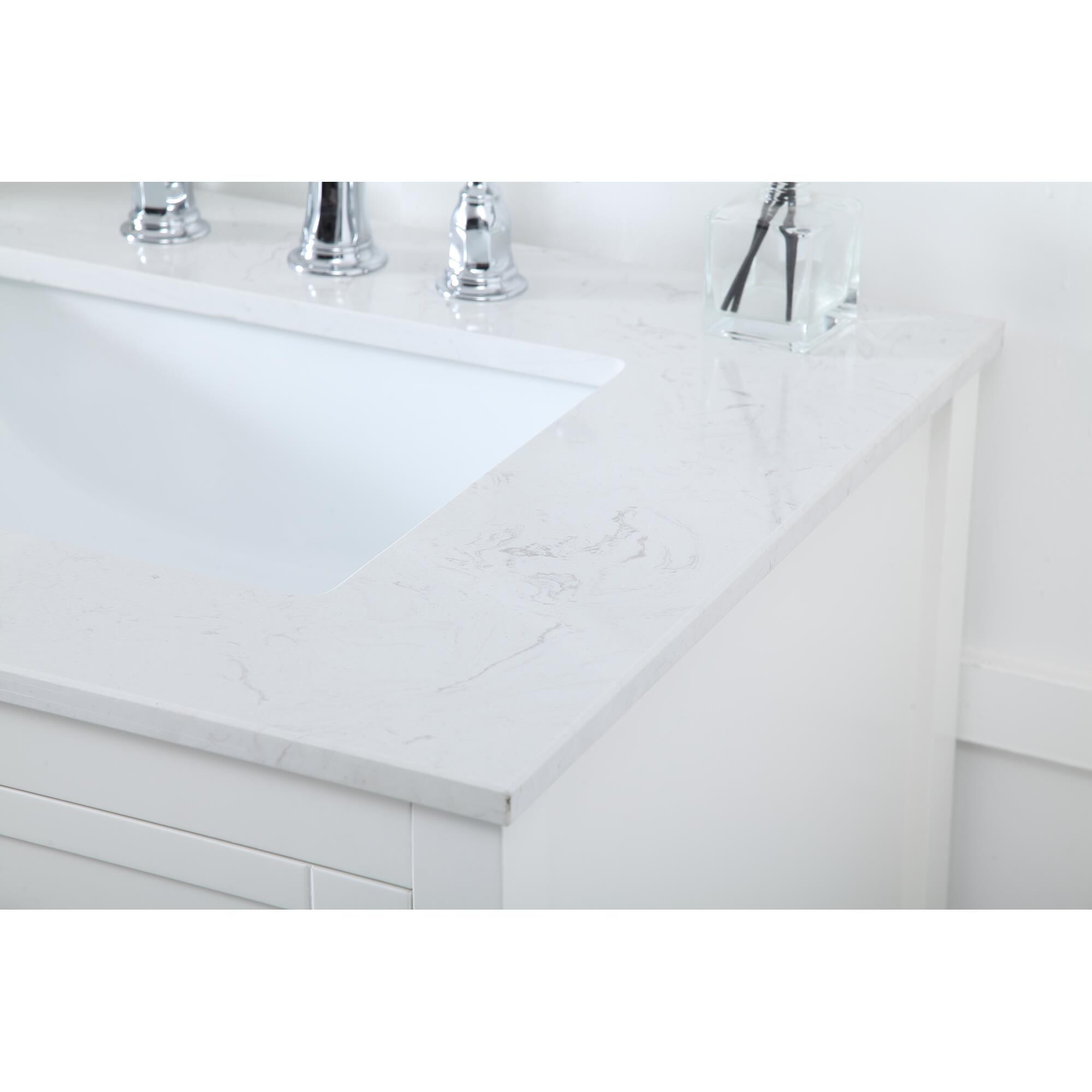 Shown in White And Brushed Nickel With Calacatta Quartz finish