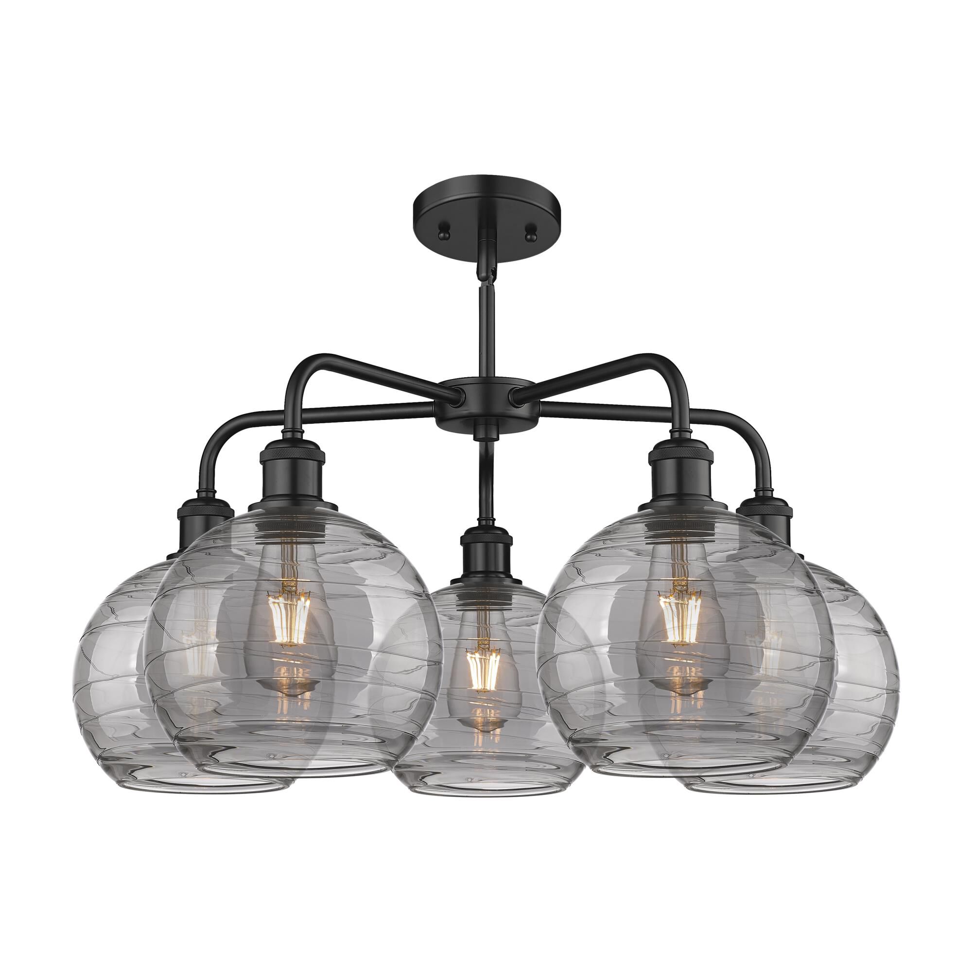 Shown in Matte Black finish and Light Smoke Deco Swirl glass