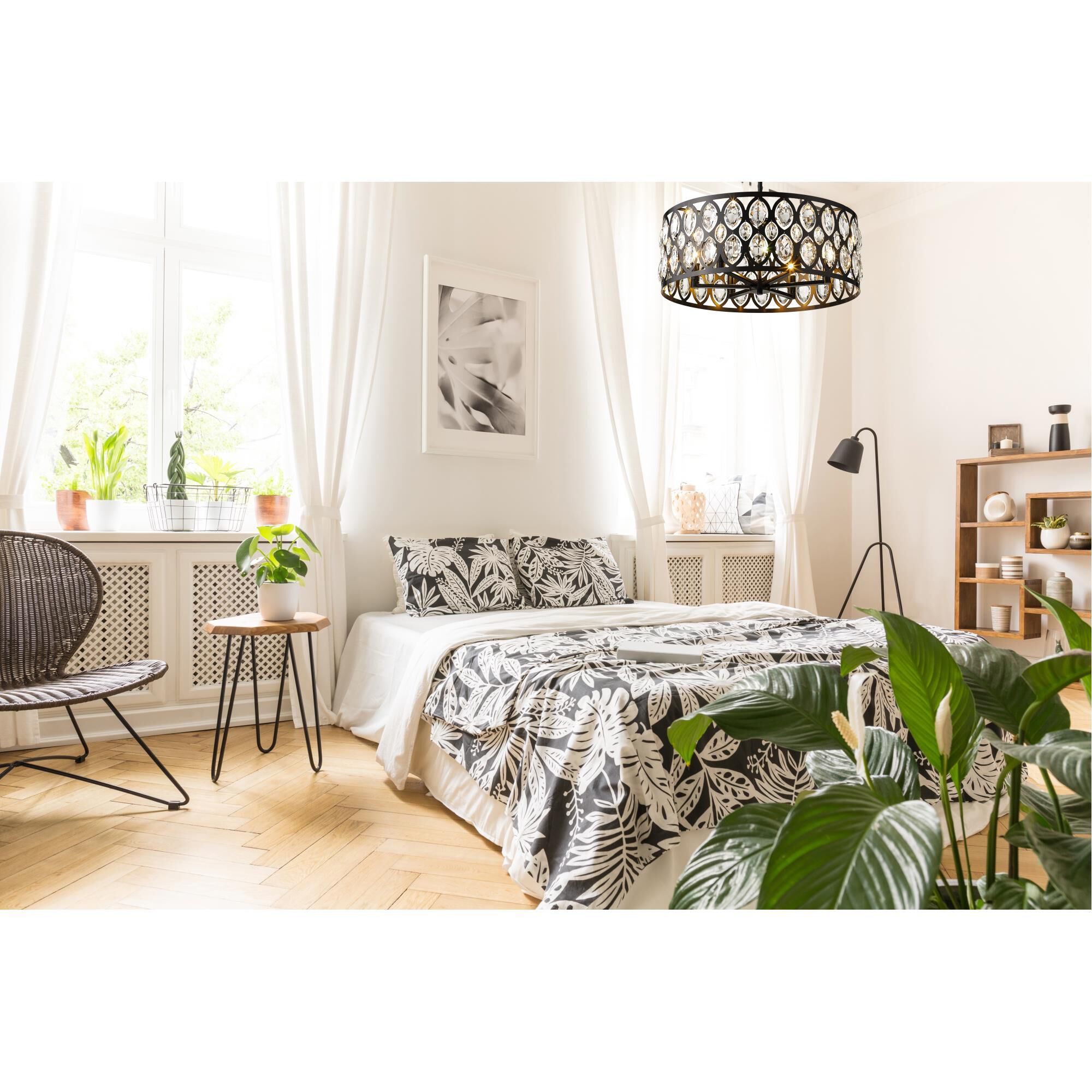 Shown in Matte Black finish and Steel + K9 Crystal glass and Steel + K9 Crystal shade