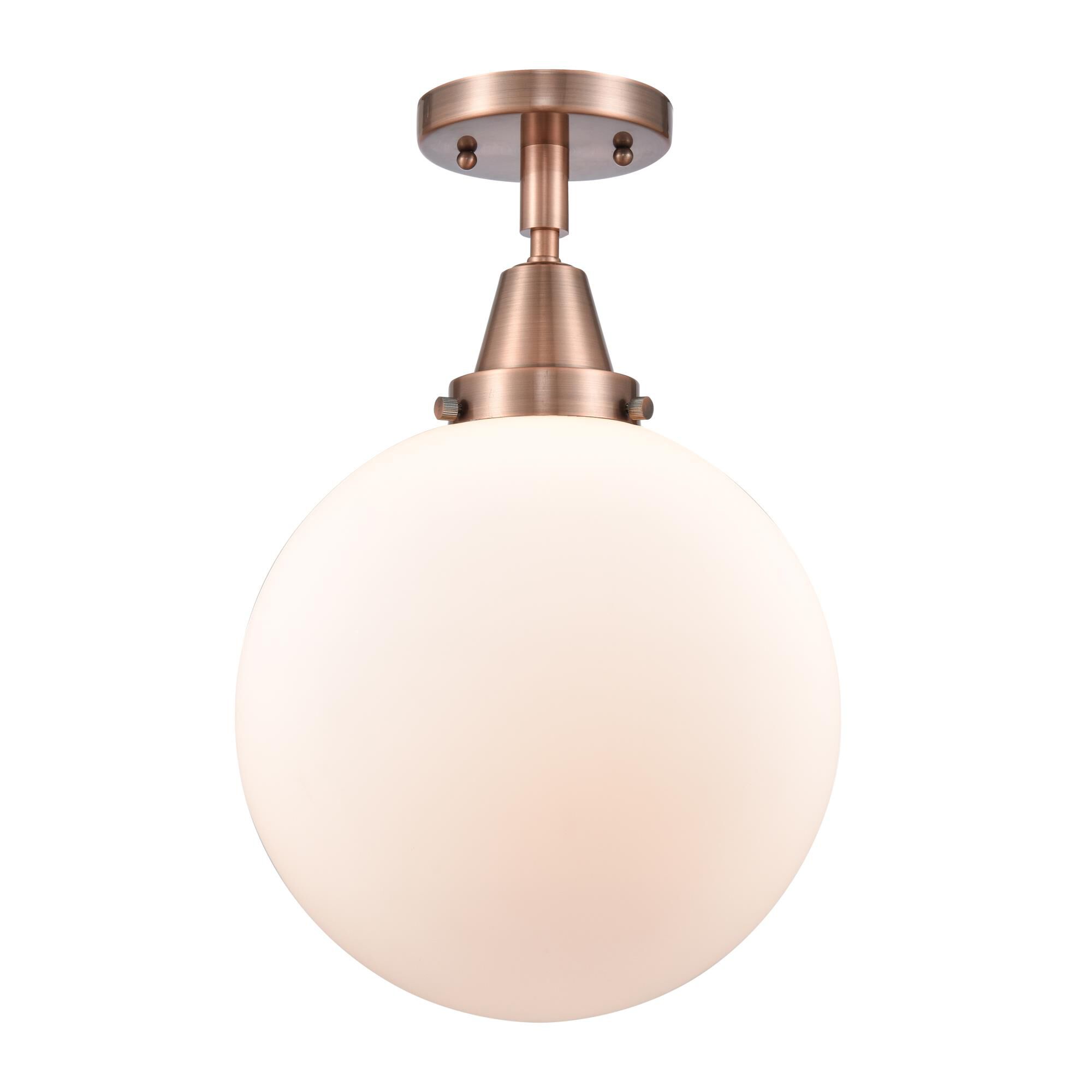 Shown in Antique Copper finish and Matte White Cased Beacon glass