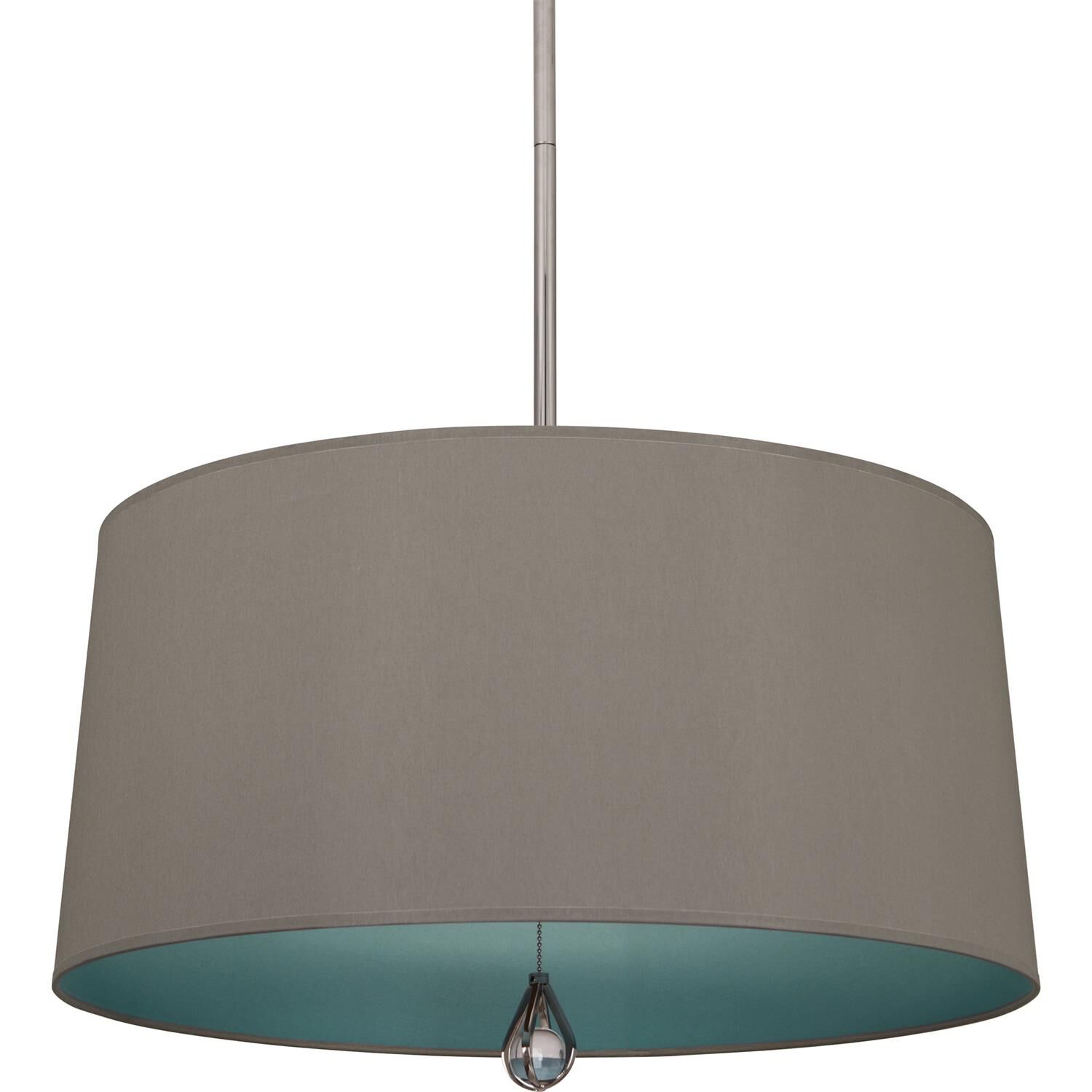Shown in Polished Nickel finish and Carter Gray Fabric With Mayo Teal Lining shade