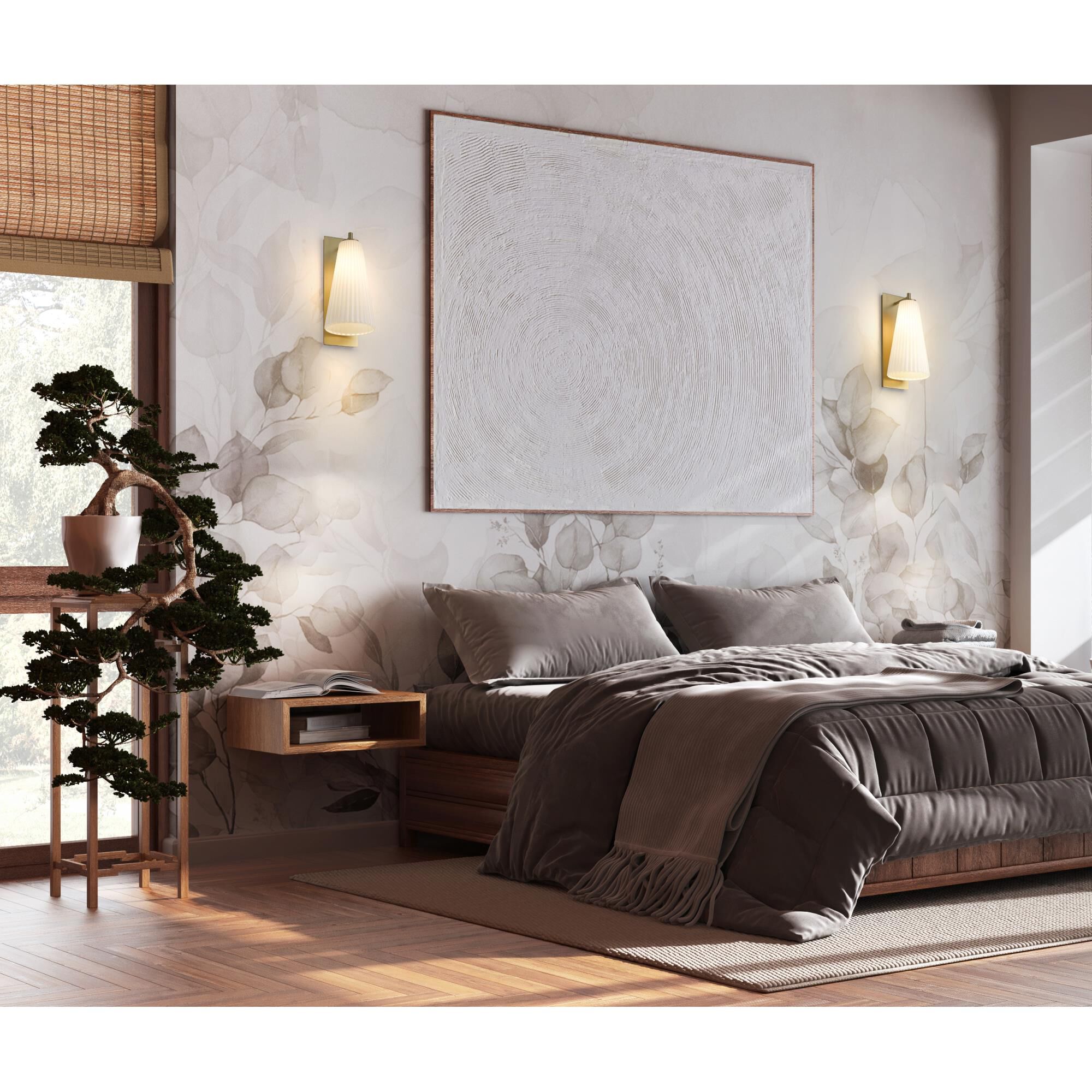 Shown in Modern Gold finish and White glass and White shade