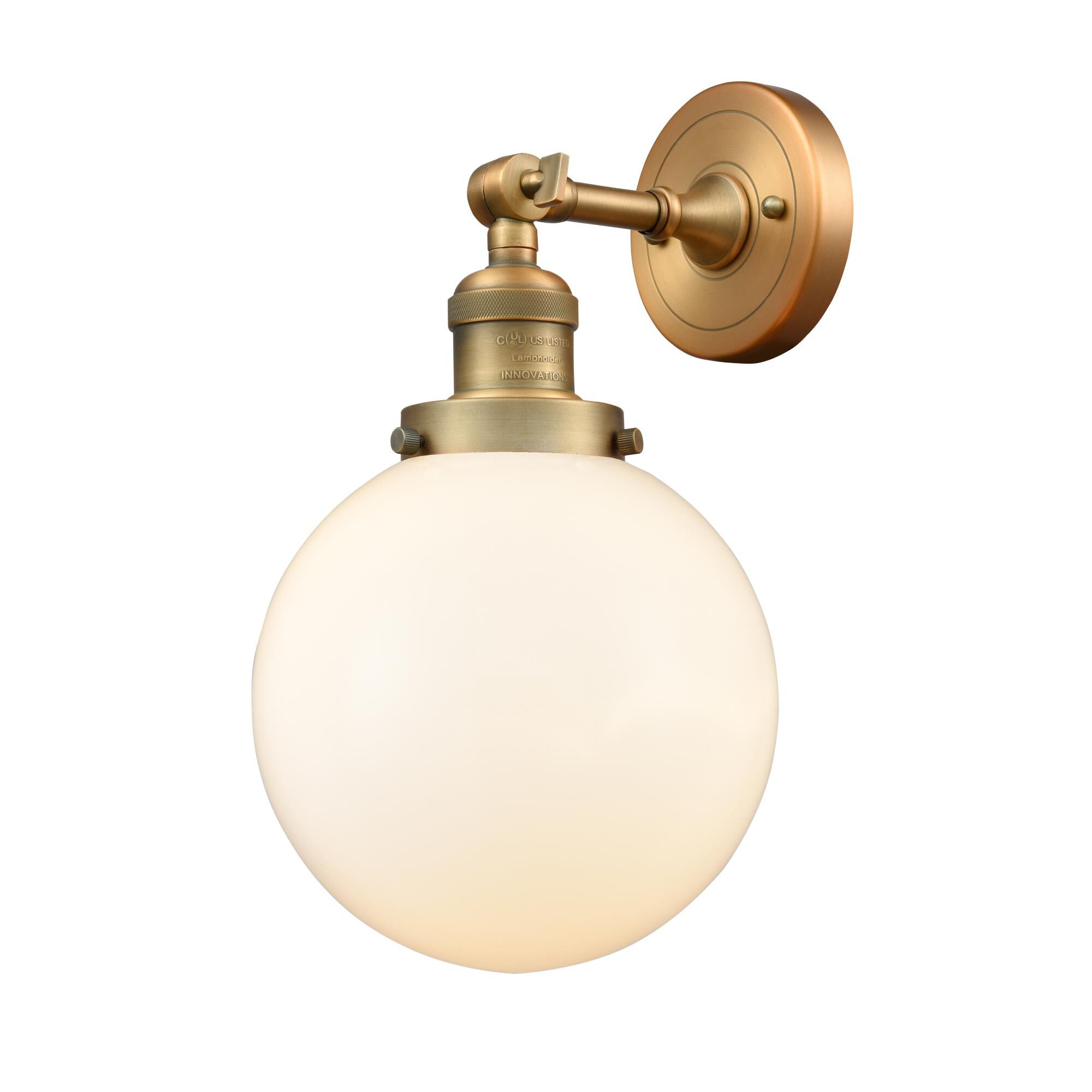 Shown in Brushed Brass finish and Matte White Cased glass and No Accent accent