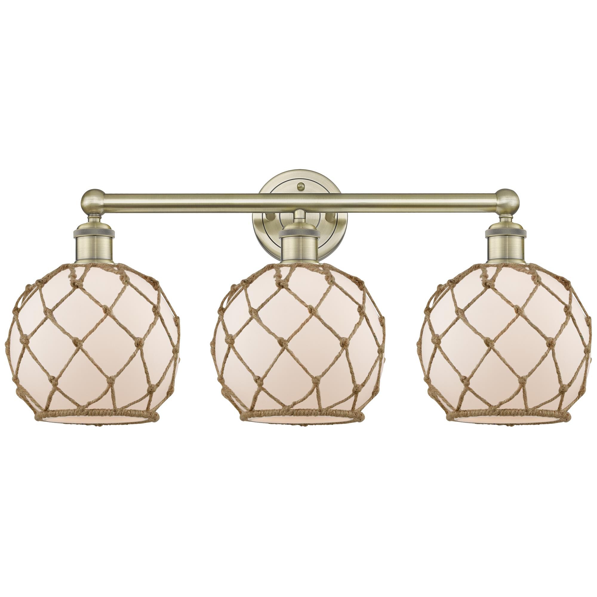 Shown in Antique Brass finish and White with Brown Rope glass