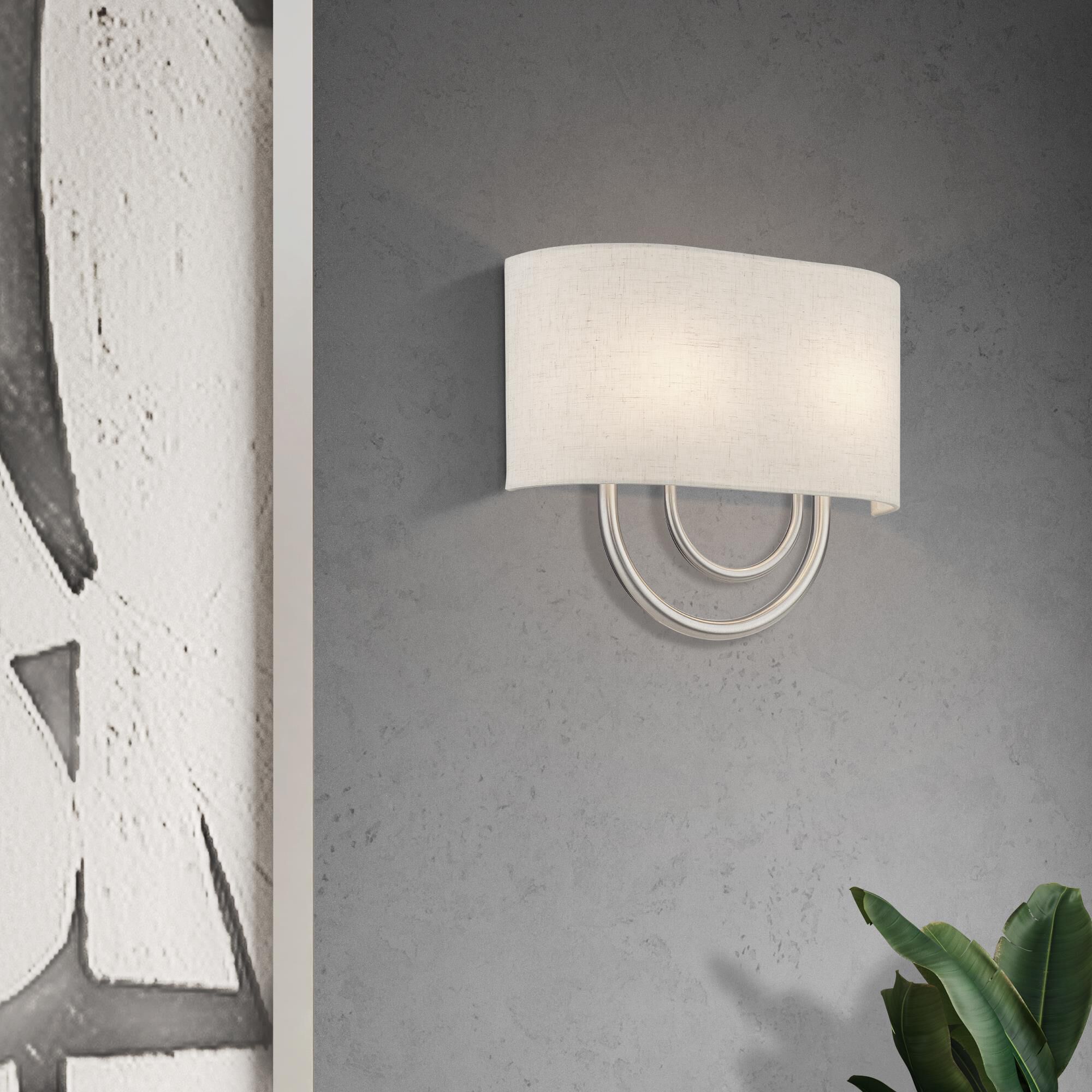 Shown in Brushed Nickel finish and Hand Crafted Oatmeal Color Fabric Hardback with White Fabric Inside shade