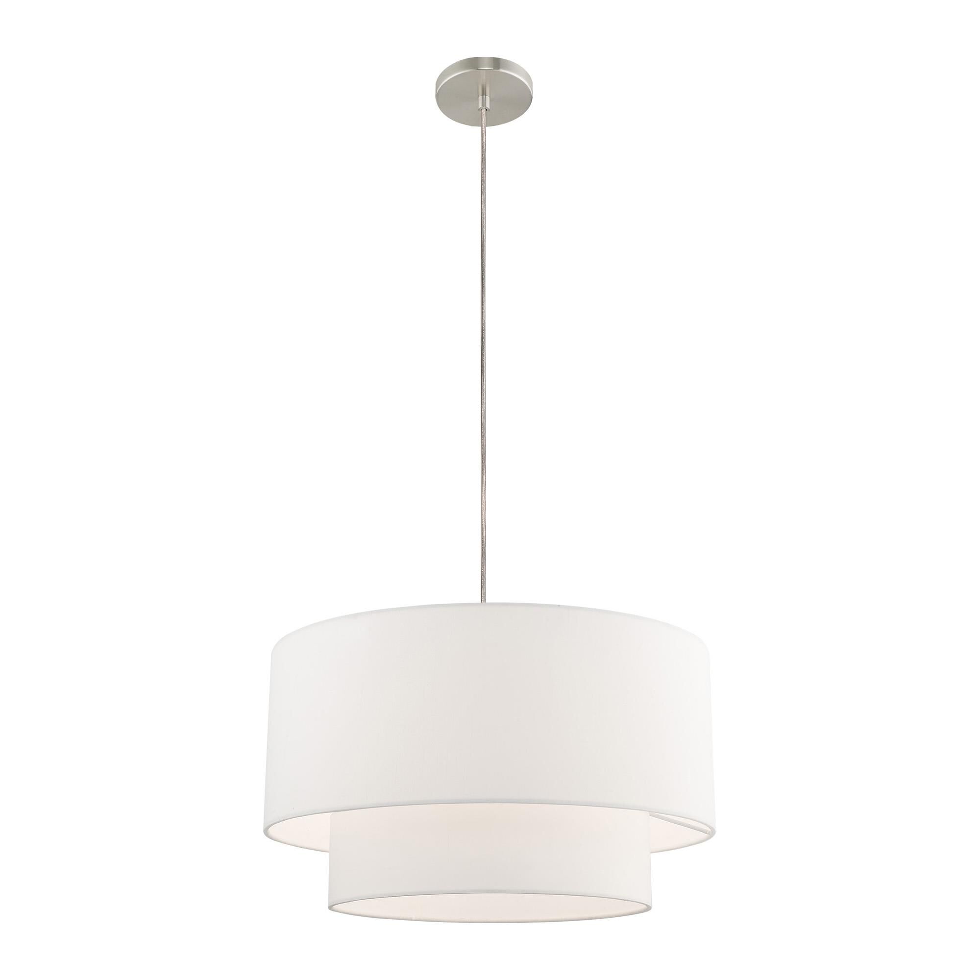 Shown in Brushed Nickel finish and Hand Crafted Off-White Fabric Hardback shade