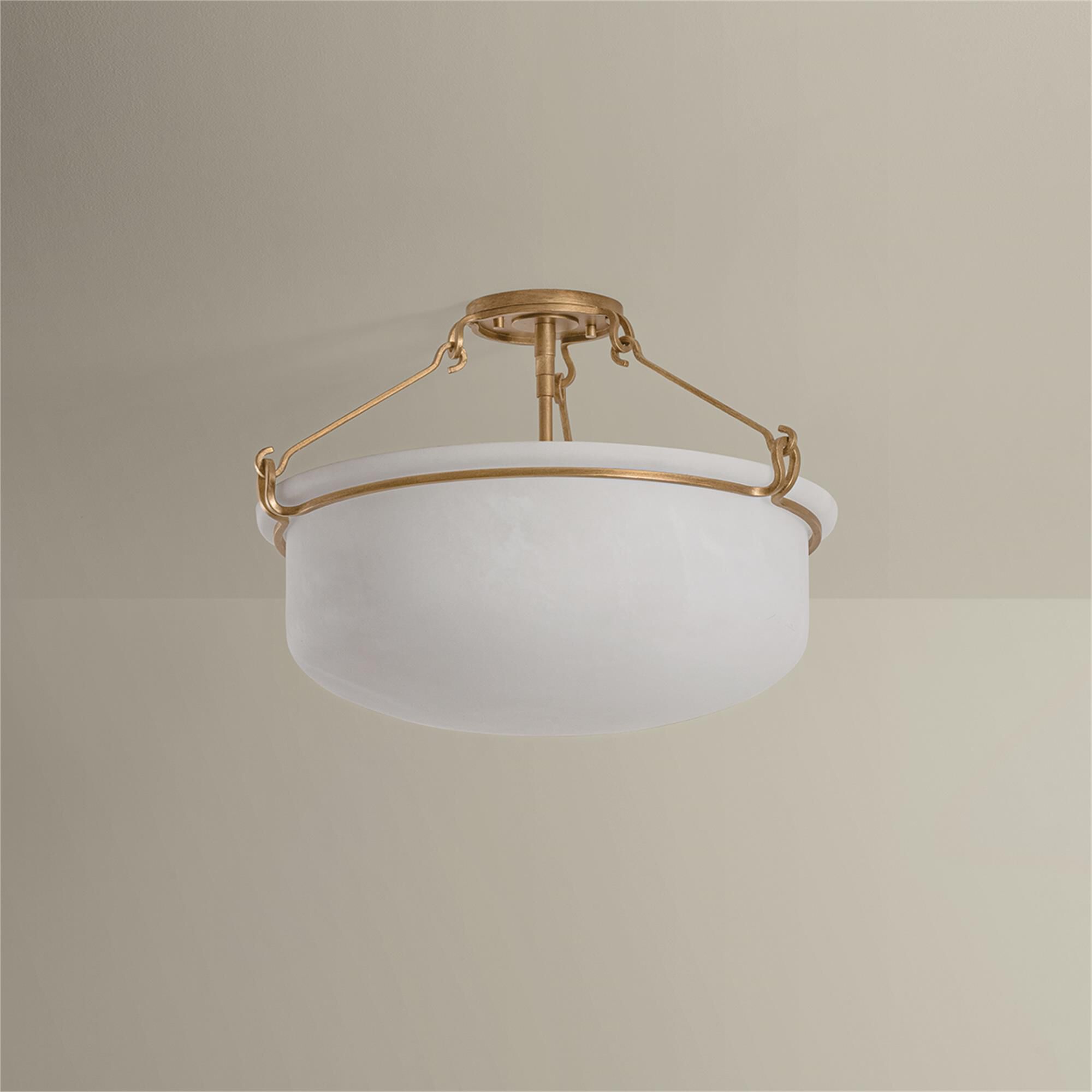 Shown in Patina Gold Leaf finish and Matte Cloud glass