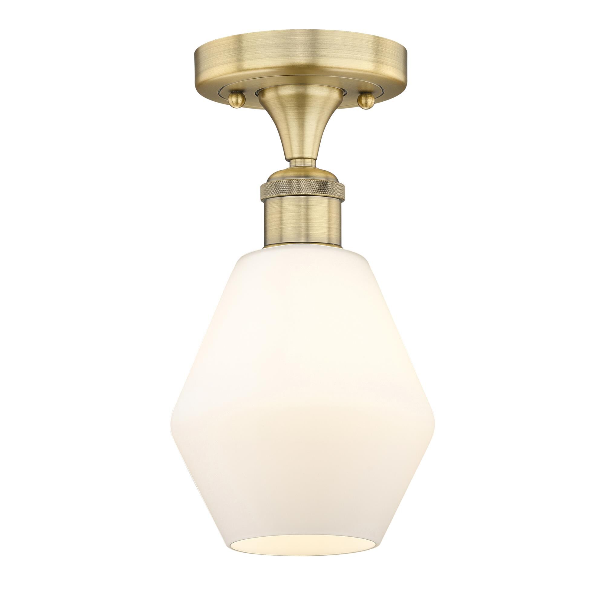 Shown in Brushed Brass finish and Cased Matte White glass