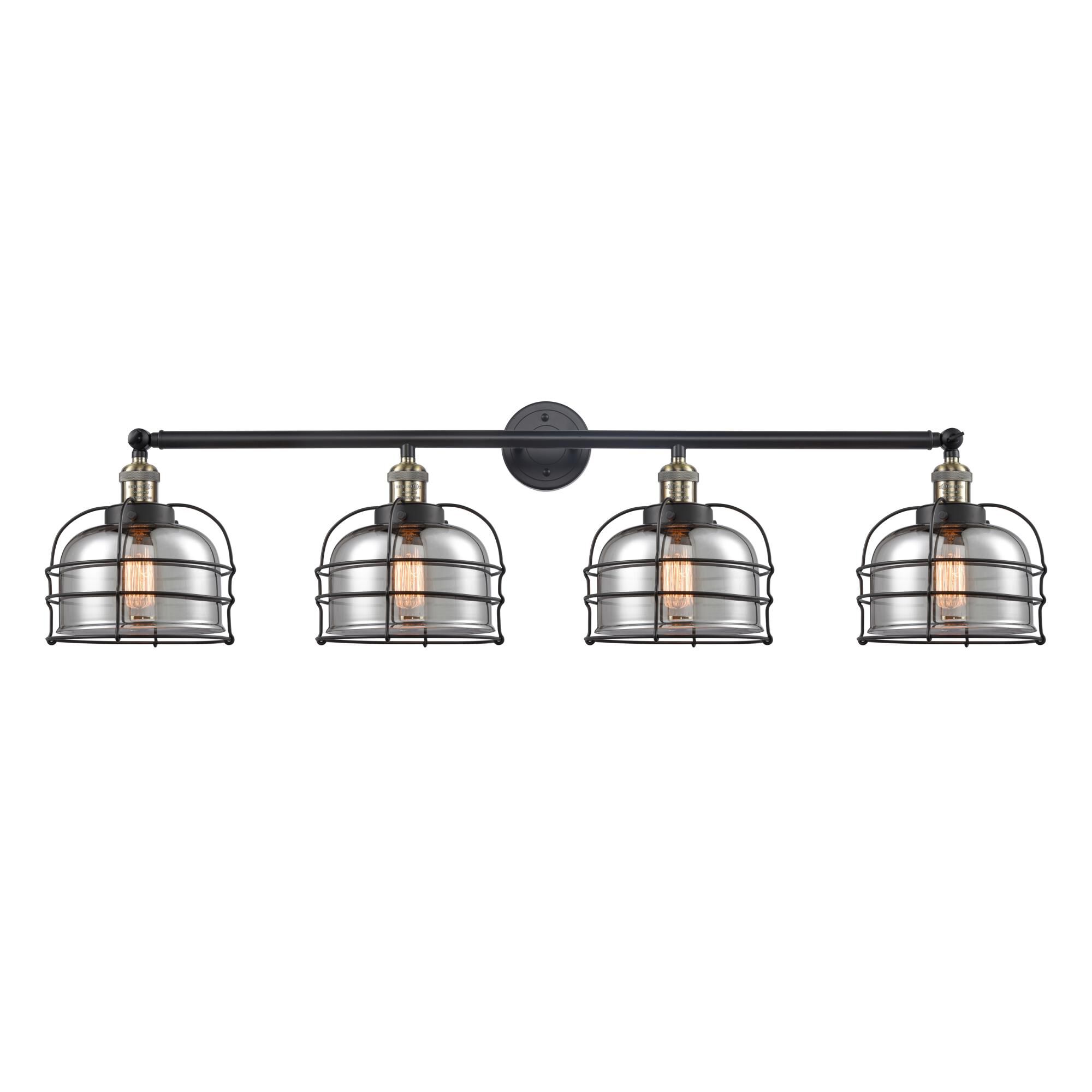 Shown in Black Antique Brass finish and Plated Smoke Large Bell Cage glass and Matte Black accent