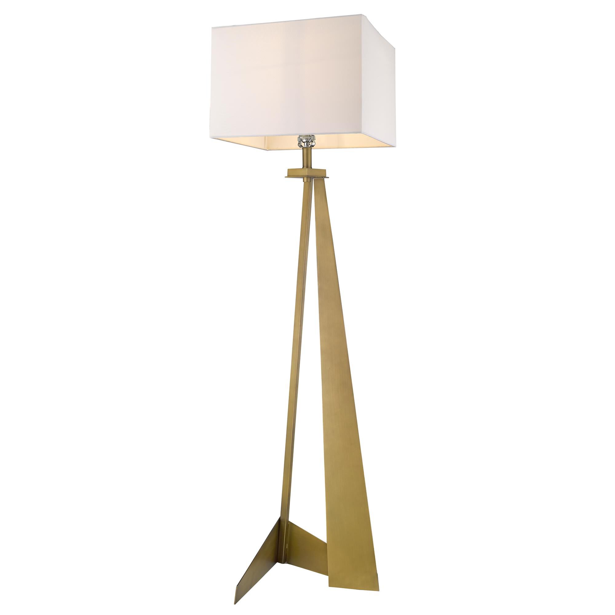 Shown in Aged Brass finish and White glass and White Linen Hardback shade