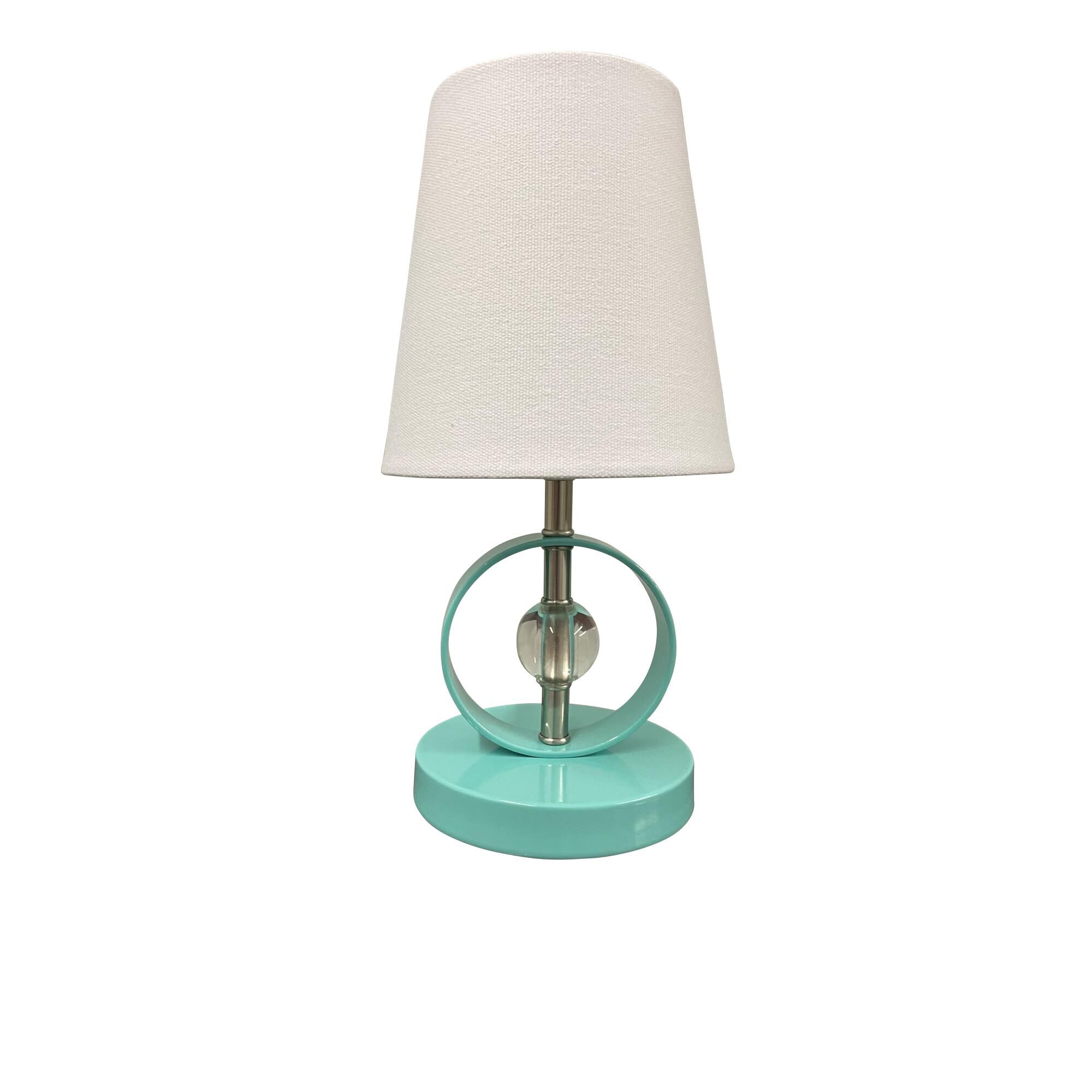 Shown in Satin Nickel and Mint finish and White Linen Hardback shade