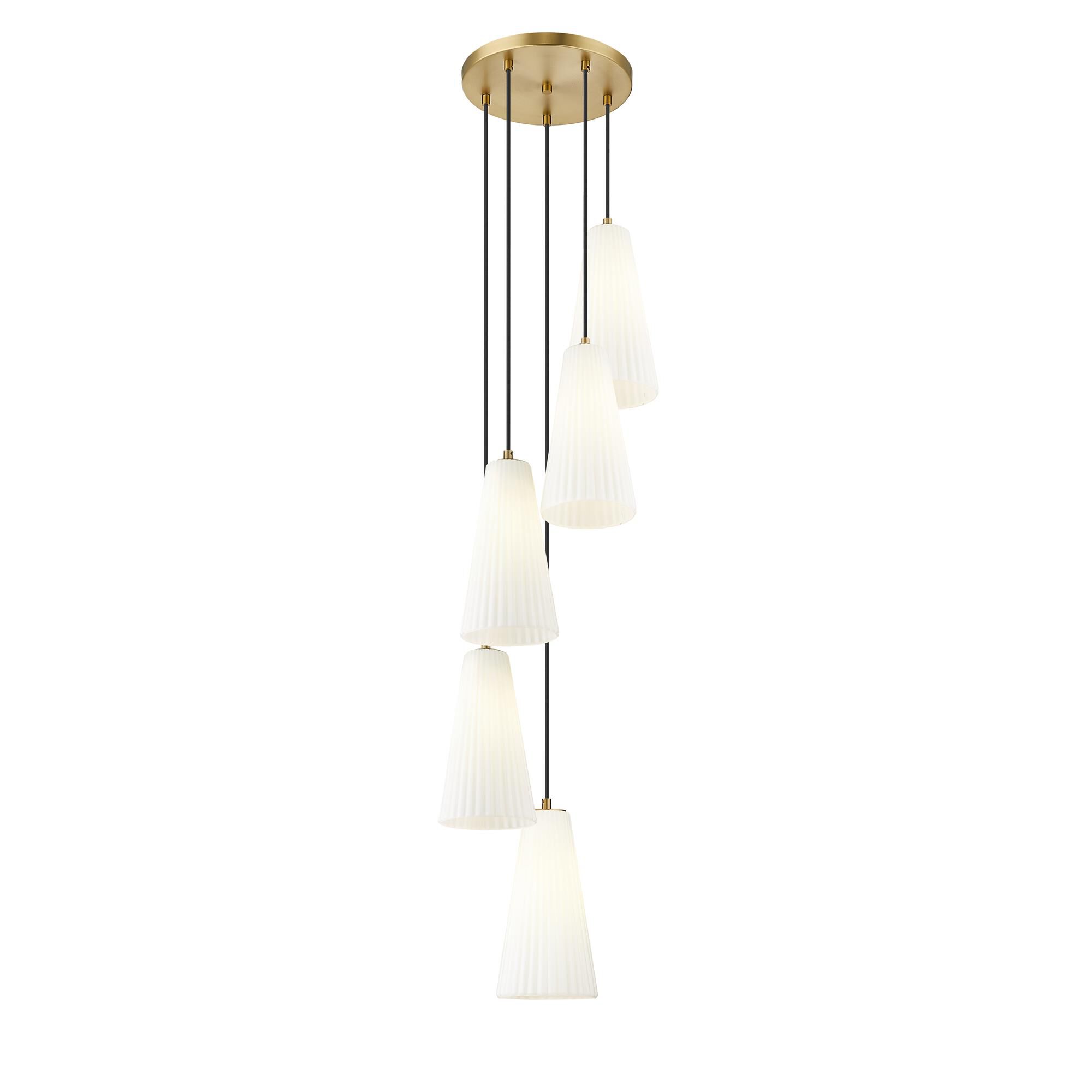 Shown in Modern Gold finish and White glass and White shade