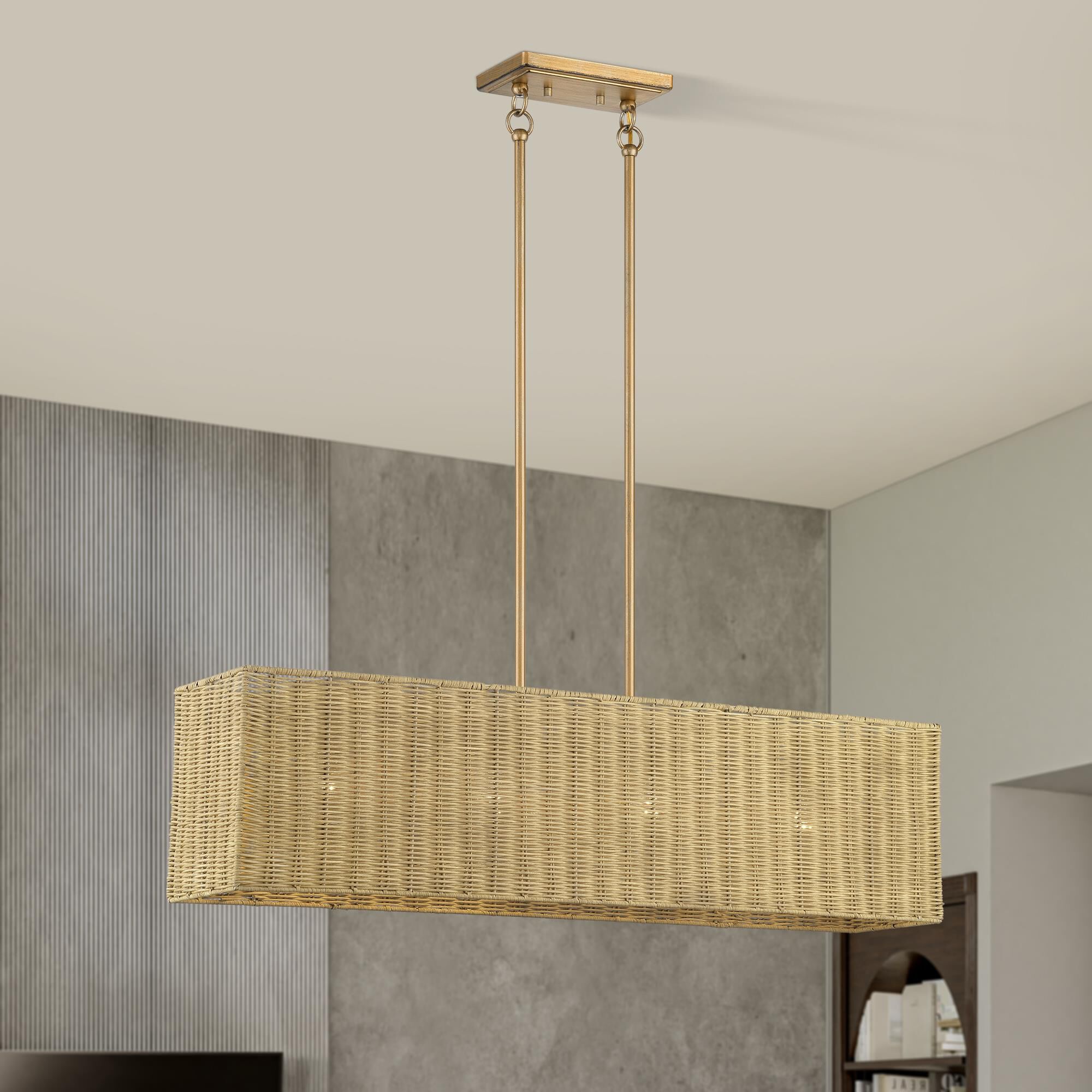 Shown in Antique Gold Leaf finish and Hand-Woven Rustic Walnut Color Rattan shade