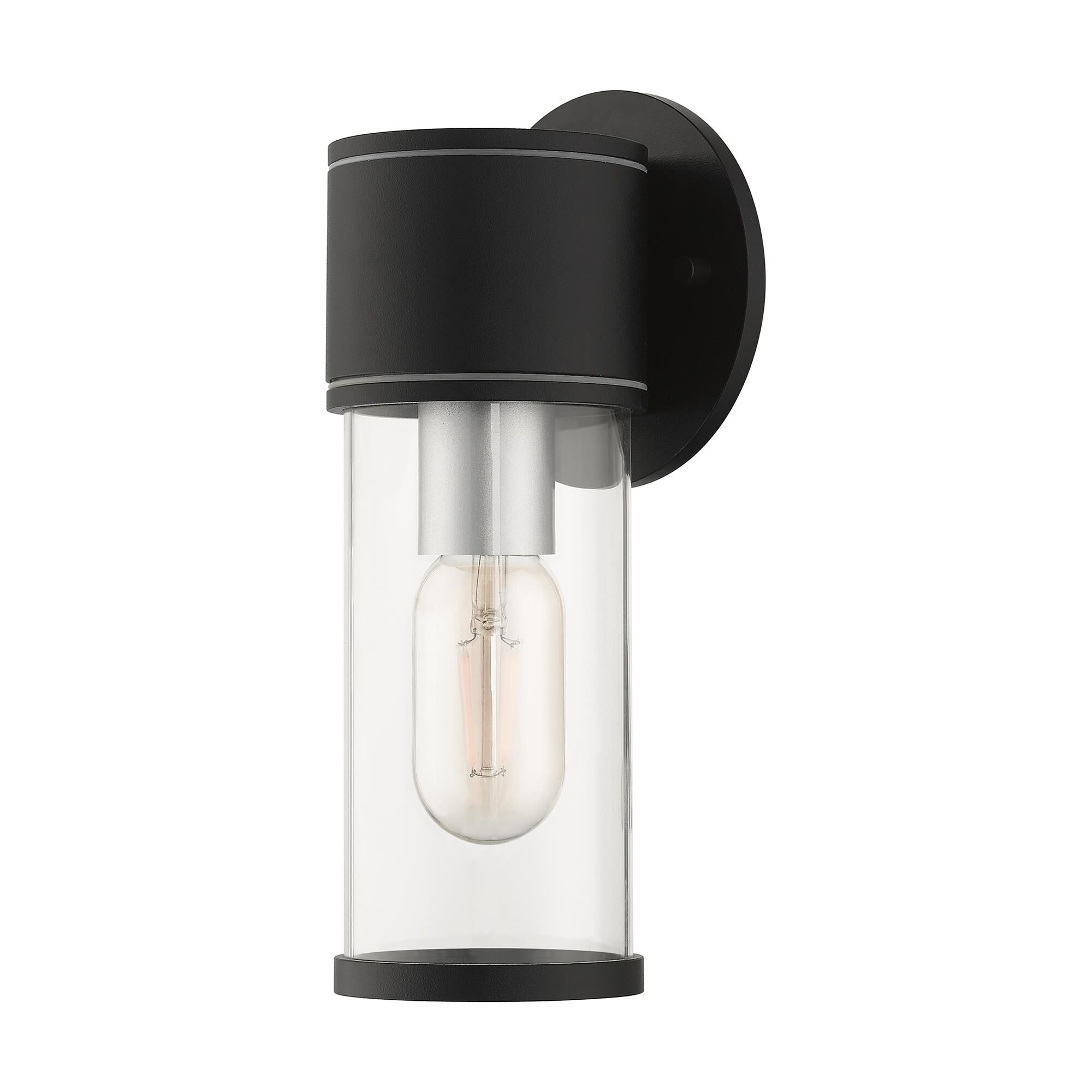 Shown in Textured Black With Antique Silver Accents finish and Clear glass