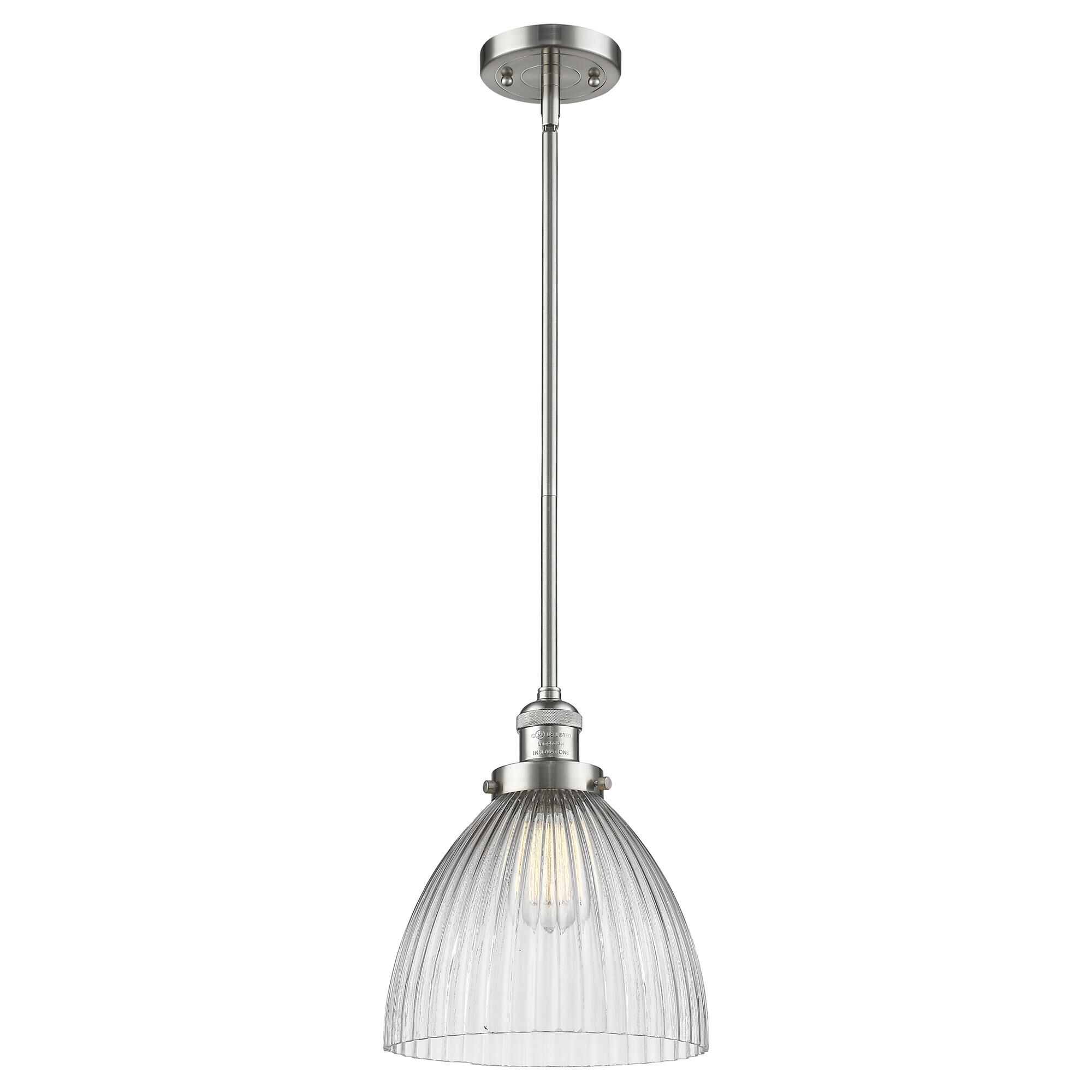 Shown in Brushed Satin Nickel finish and Clear Halophane glass