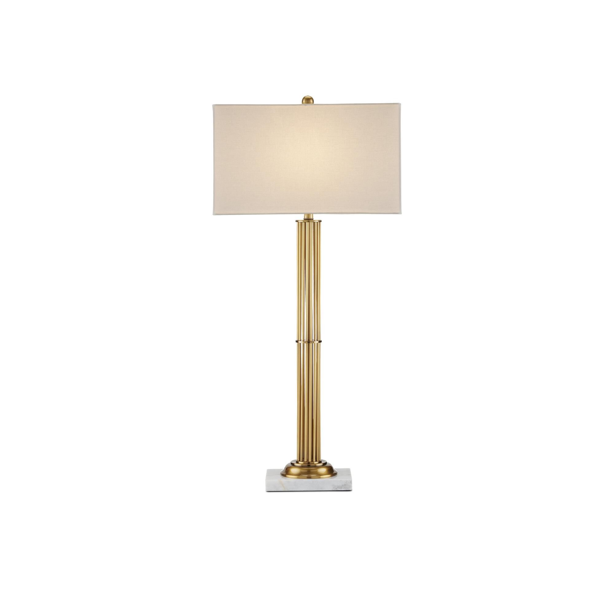 Shown in Antique Brass and White Marble finish and Bone Linen shade