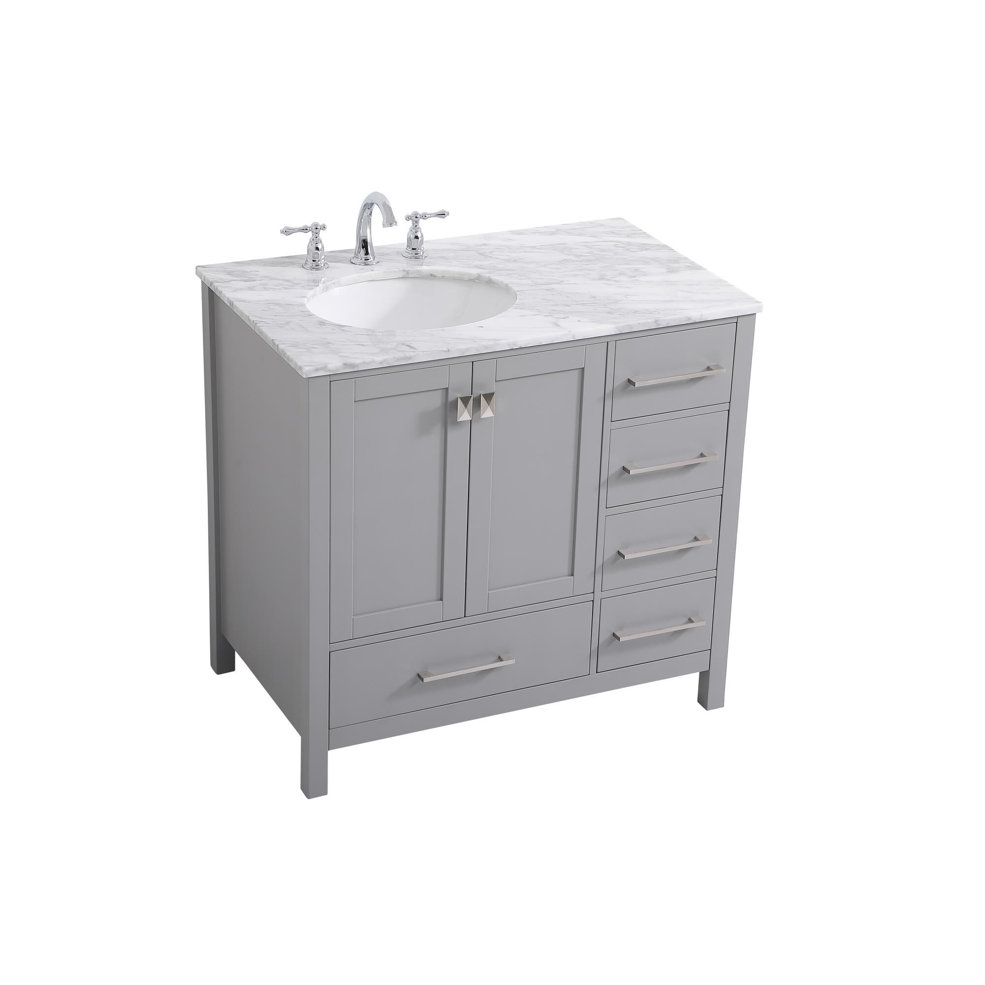 Shown in Gray And Brushed Nickel With Carrara White Marble finish
