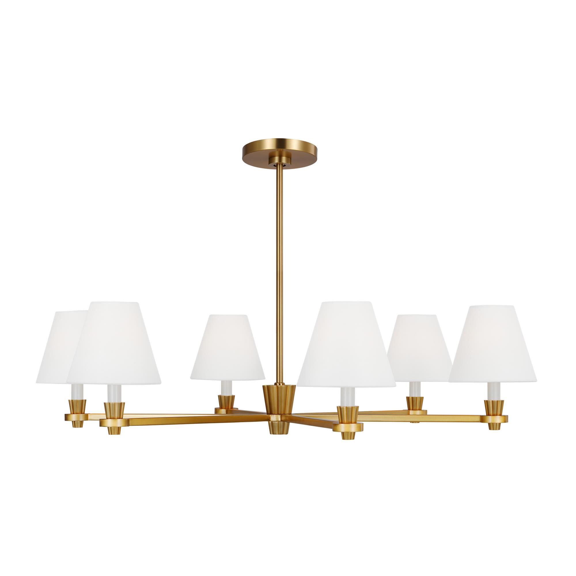 Shown in Burnished Brass finish and White Linen Fabric s shade