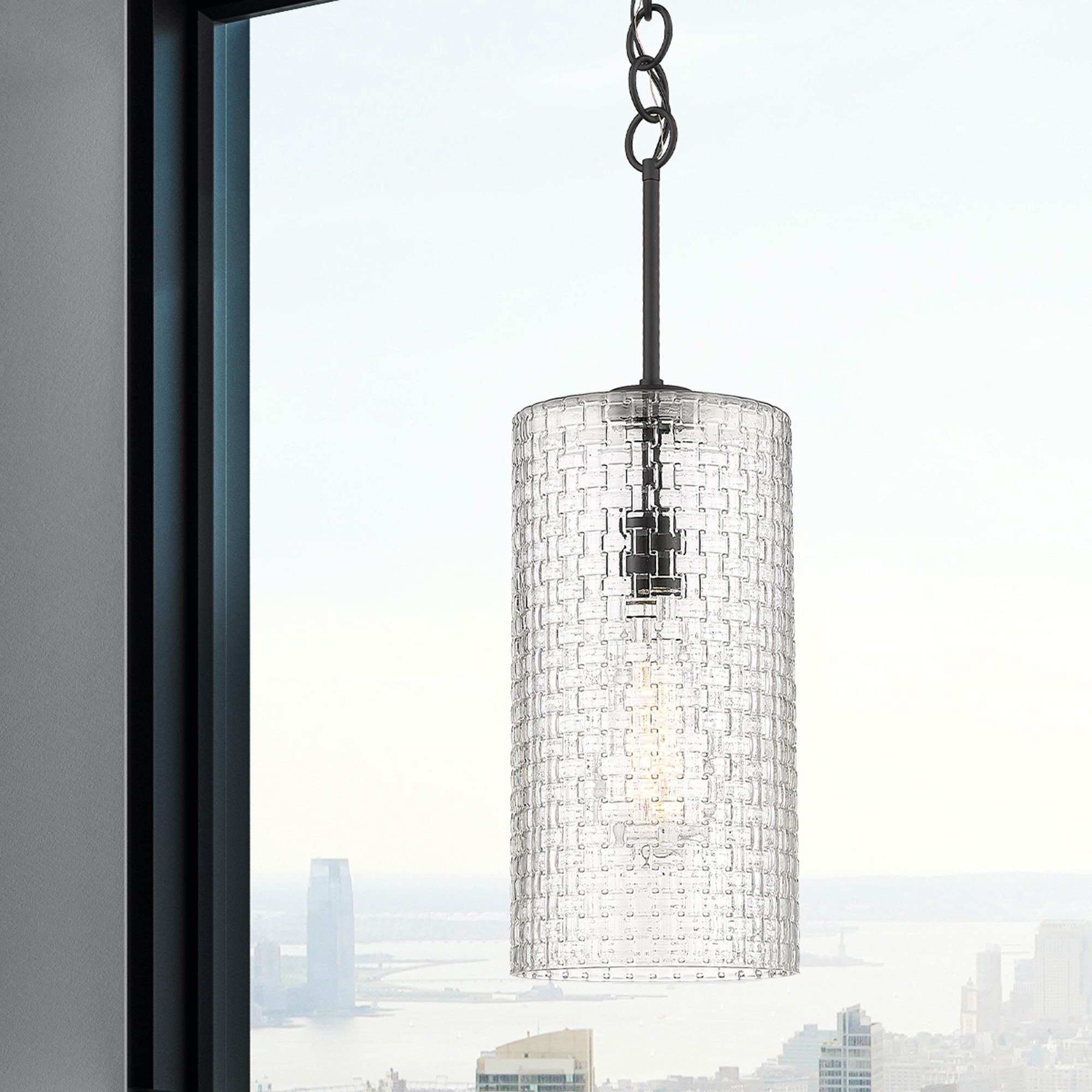 Shown in Matte Black  finish and Clear Basket Weave glass