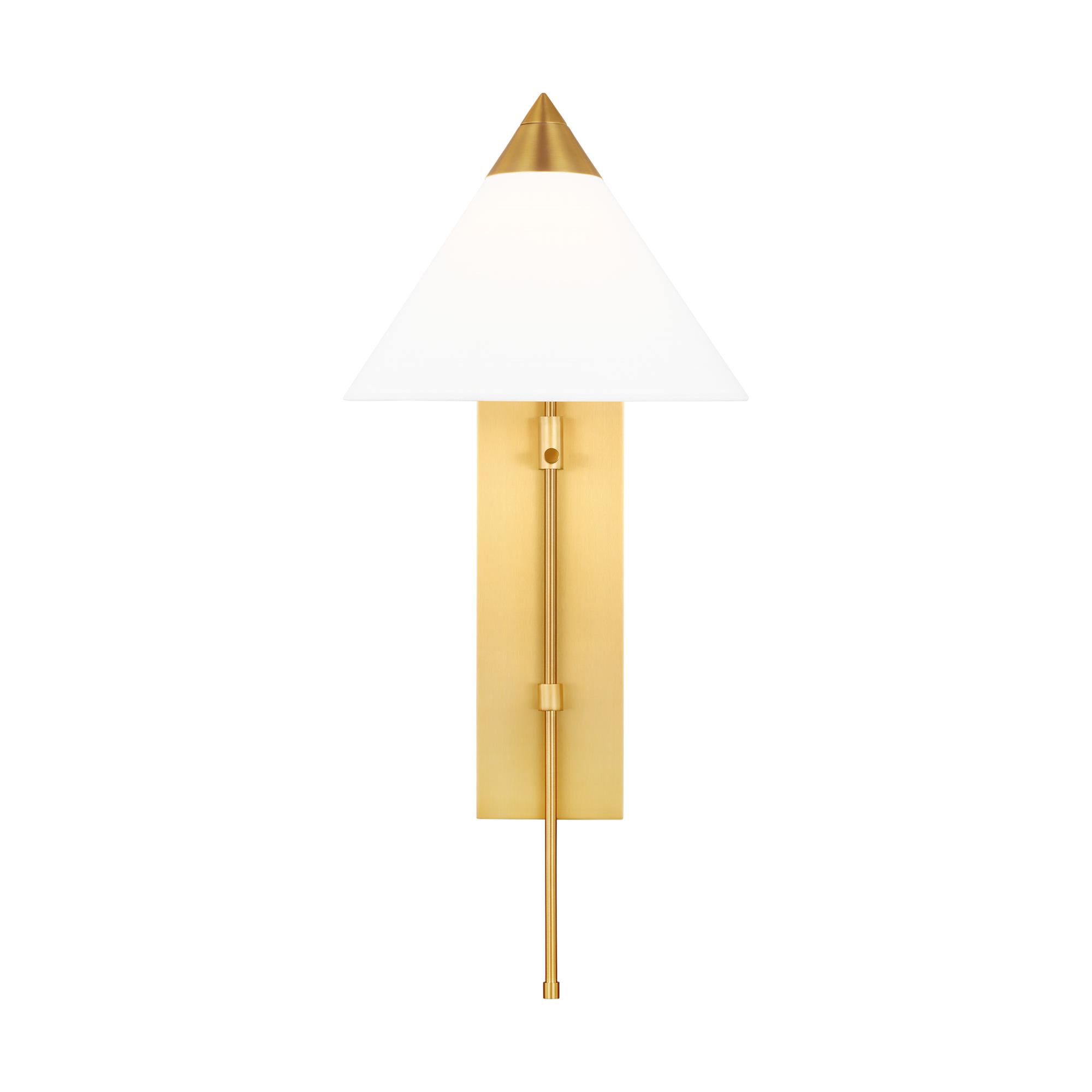 Shown in Burnished Brass finish and White Linen Fabric shade