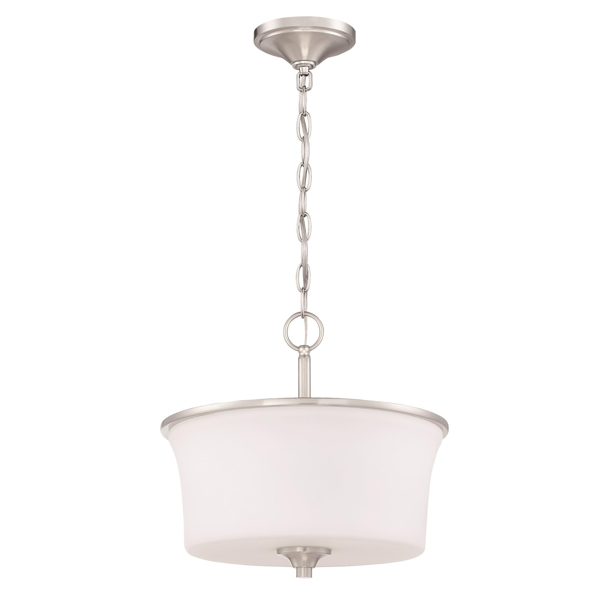Shown in Brushed Polished Nickel finish and White Frosted glass and Glass shade