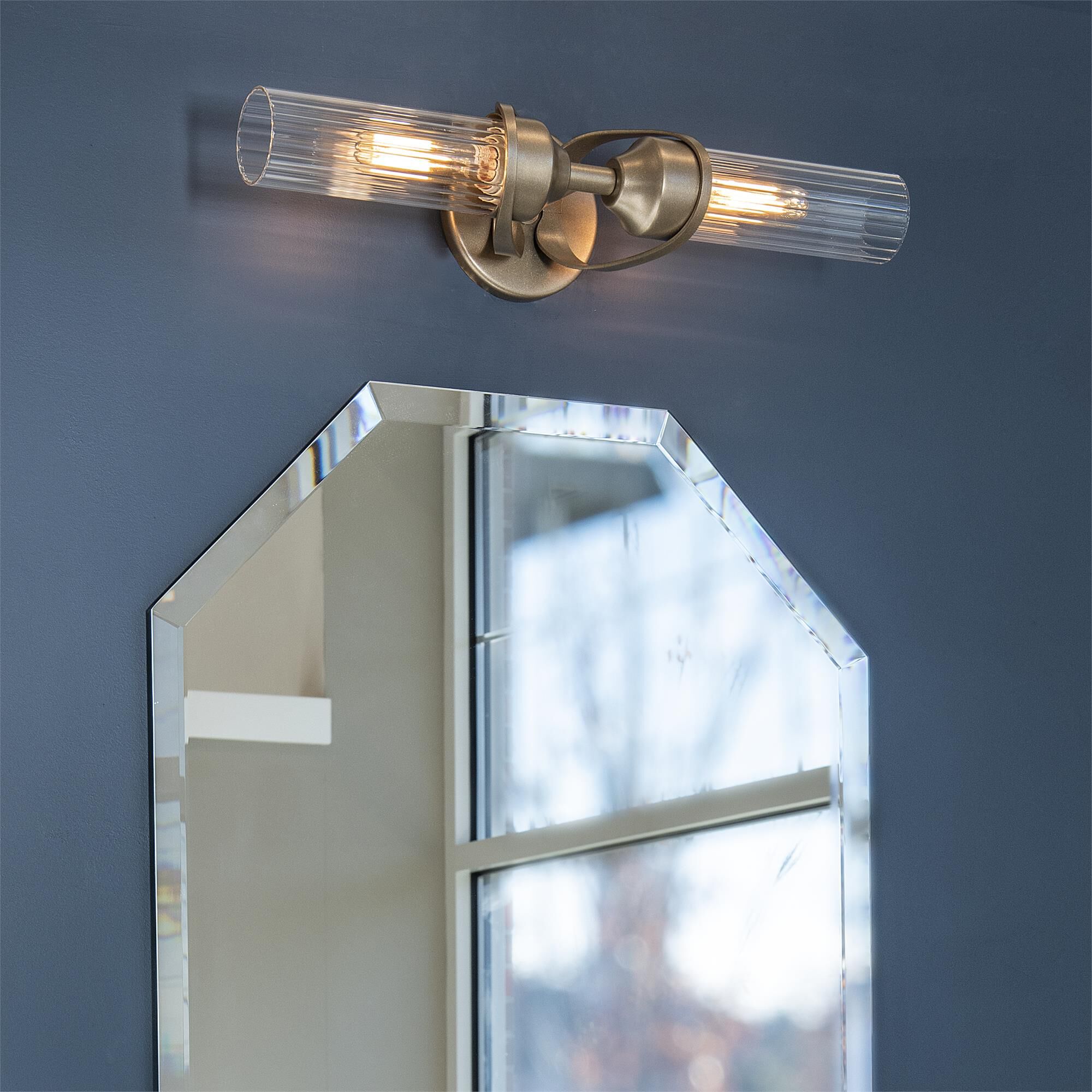 Shown in Soft Gold finish and Clear Fluted glass