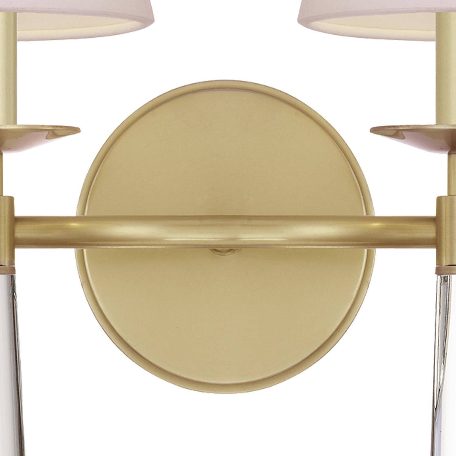 Shown in Aged Brass finish and Glass Finials crystal and White Silk shade