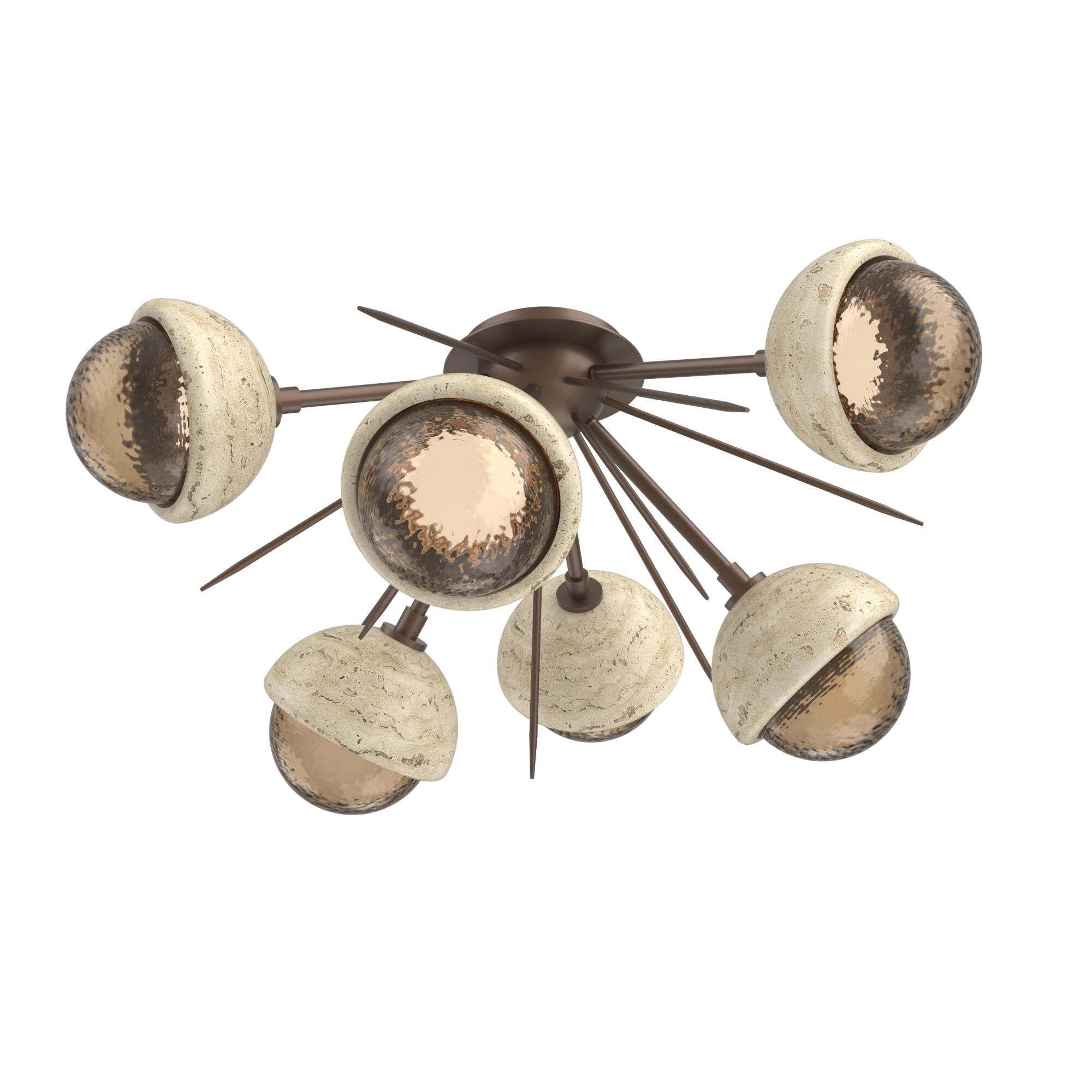 Shown in Burnished Bronze finish and Bronze glass and Travertine Stone accent