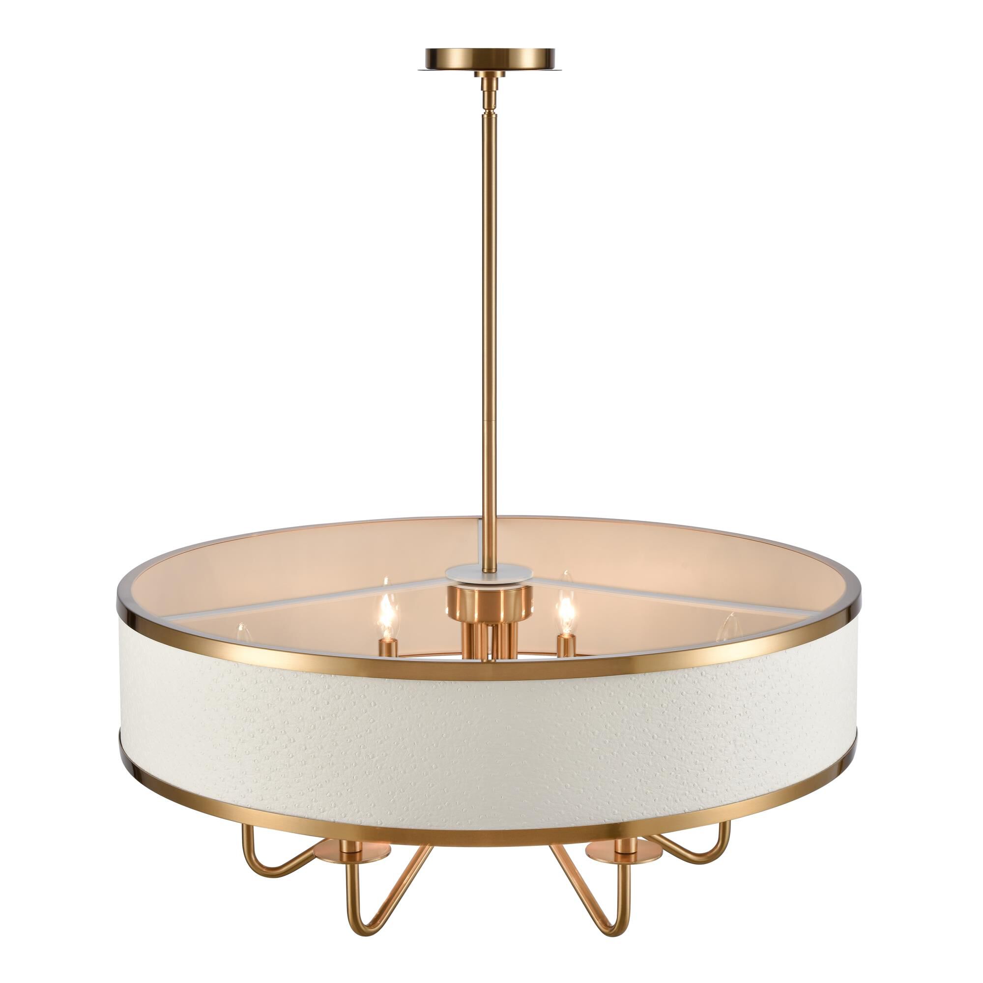 Shown in Satin Brass finish and Metal Shade With Faux Ostrich Wrap glass and Metal  With Faux Ostrich Wrap shade