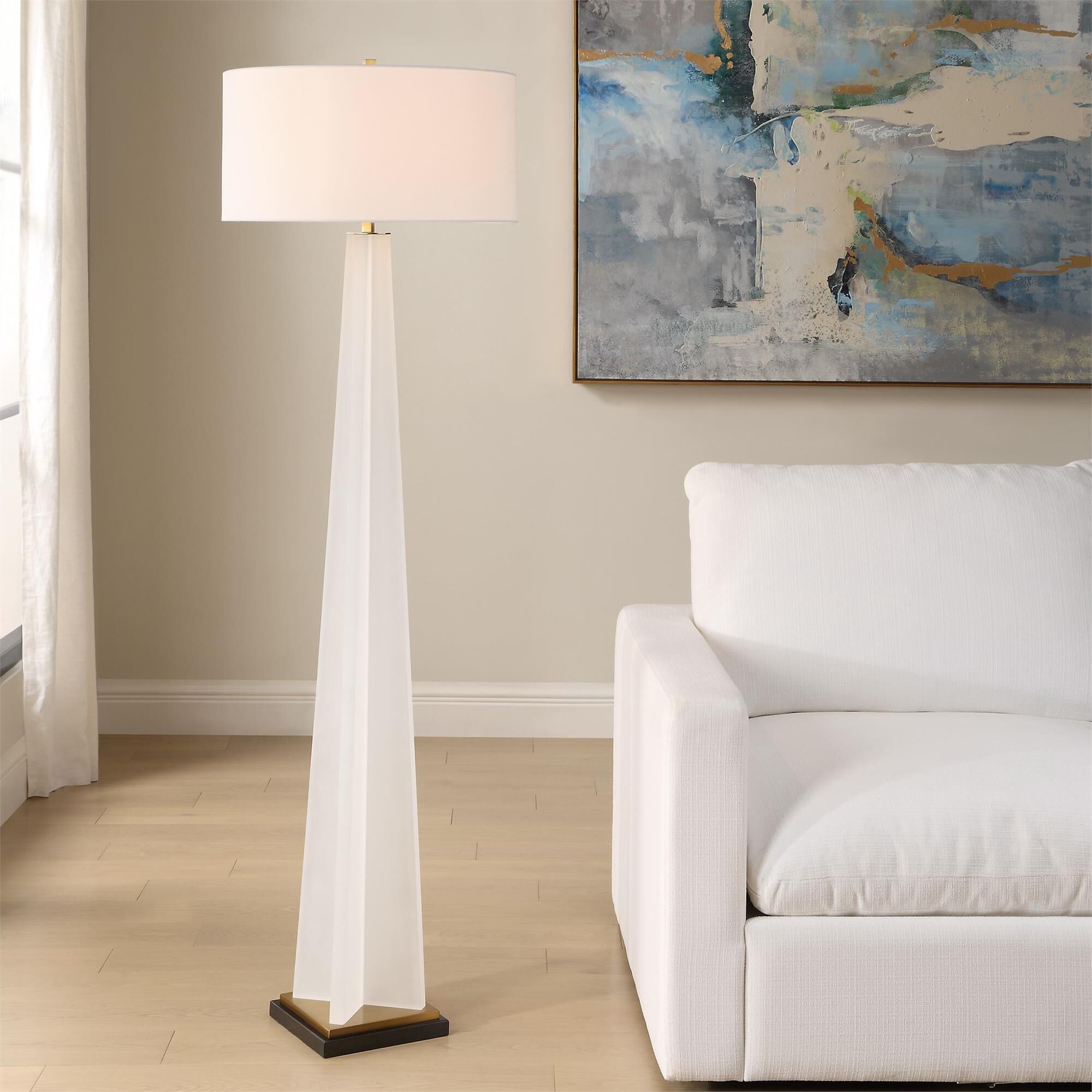 Shown in White finish and Round Drum Hardback shade