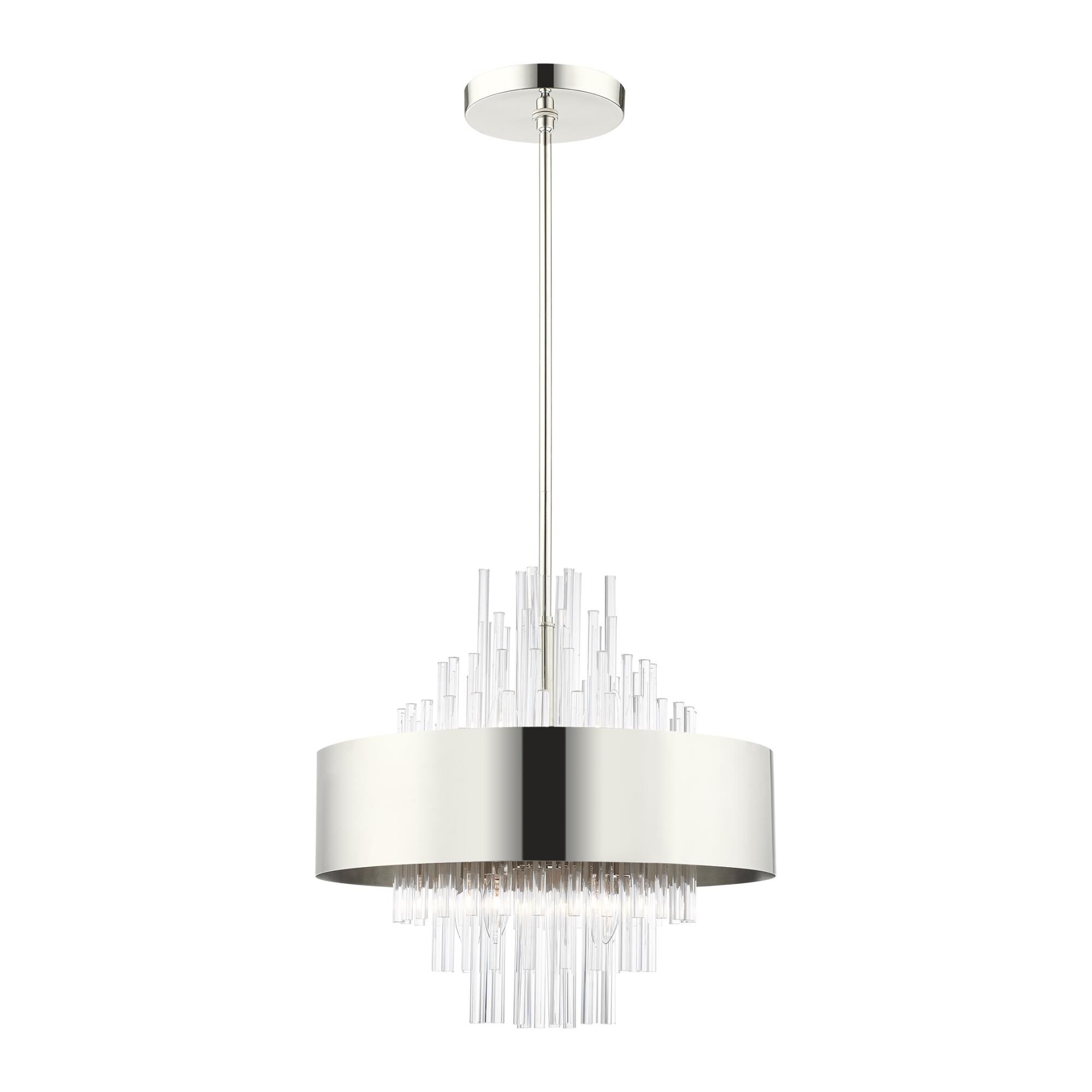 Shown in Polished Nickel finish and Polished Nickel Drum Shade With Clear Crystal Rods glass and Polished Nickel Drum  With Clear Crystal Rods shade