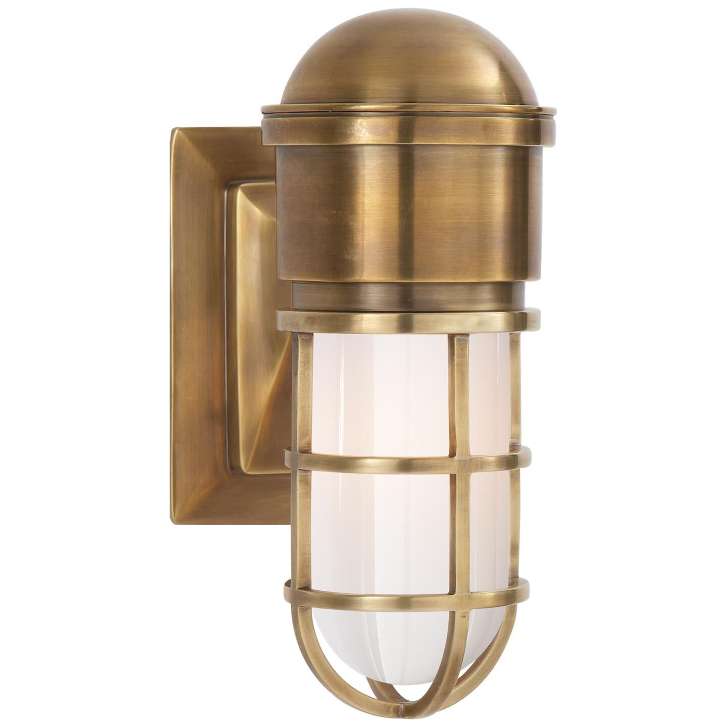 Shown in Hand-Rubbed Antique Brass finish and White glass