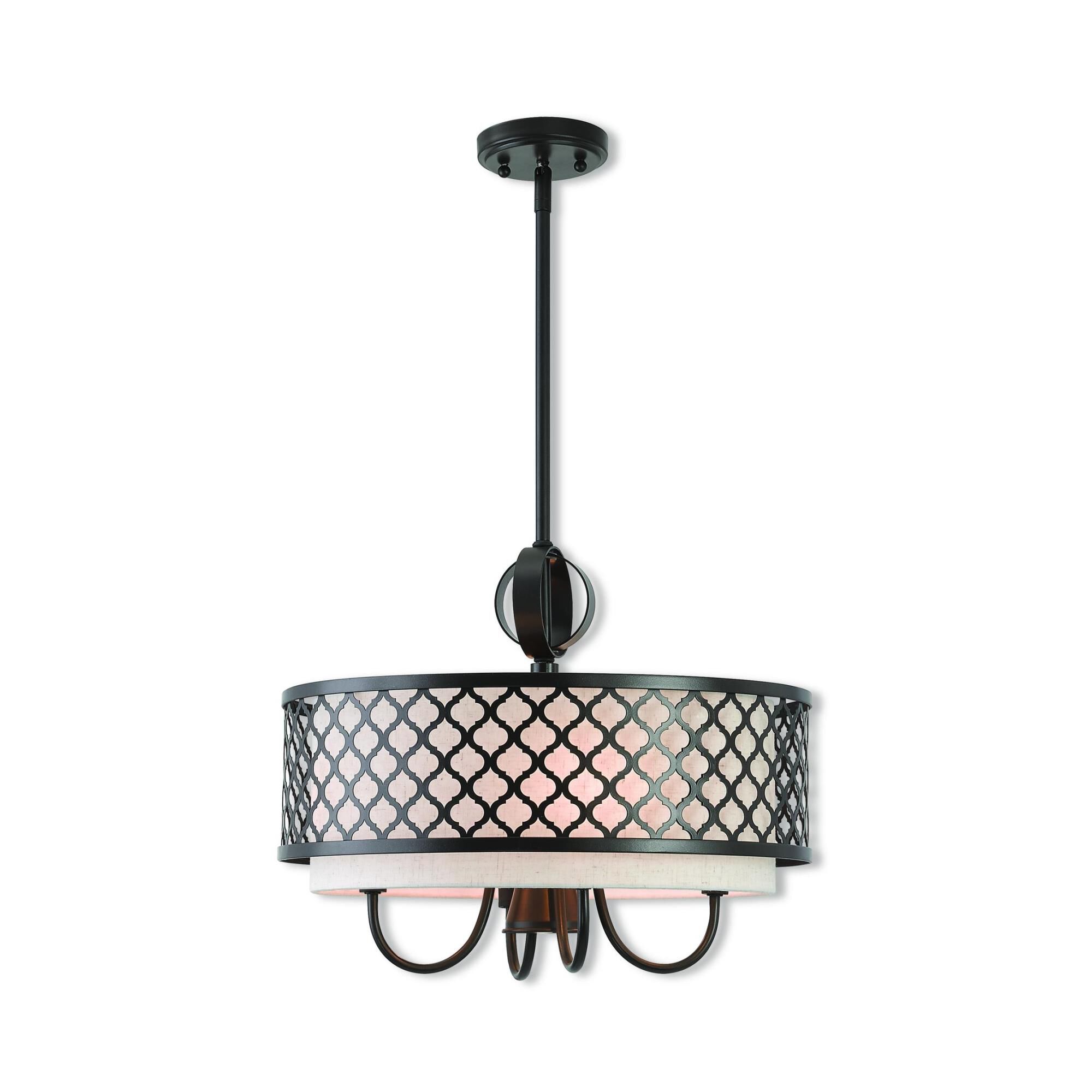 Shown in English Bronze finish and Hand Crafted Oatmeal Color Fabric Outside & White Fabric Inside Hardback shade