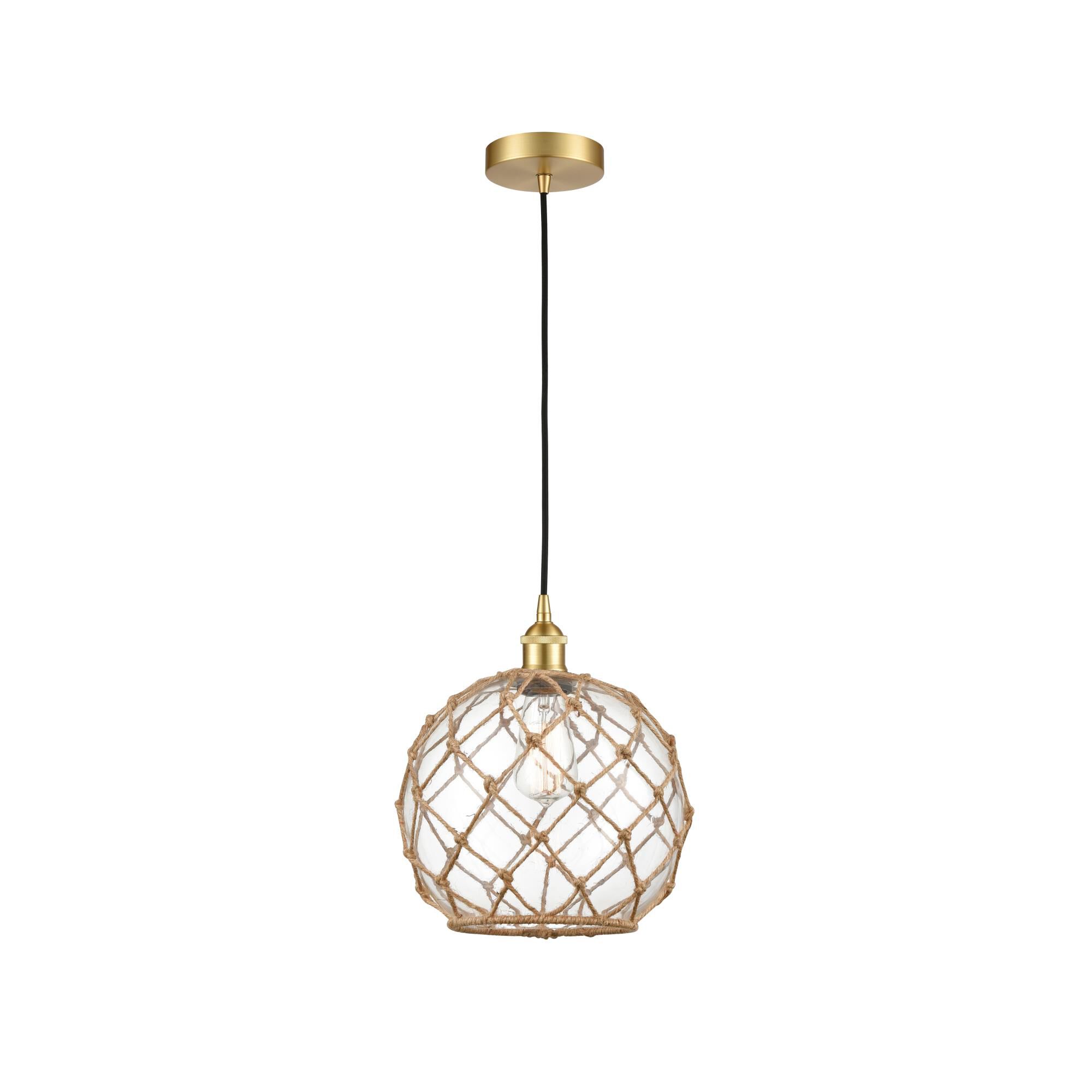 Shown in Satin Gold finish and Clear Large Farmhouse With Brown Rope glass