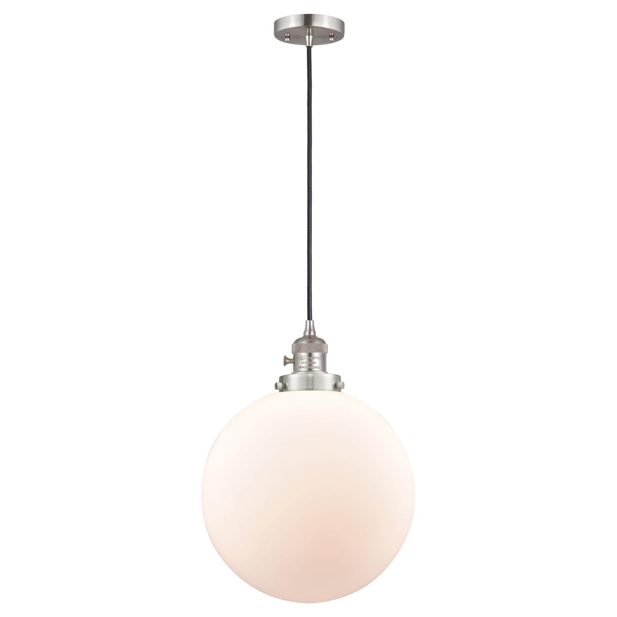 Shown in Brushed Satin Nickel finish and Matte White Cased glass