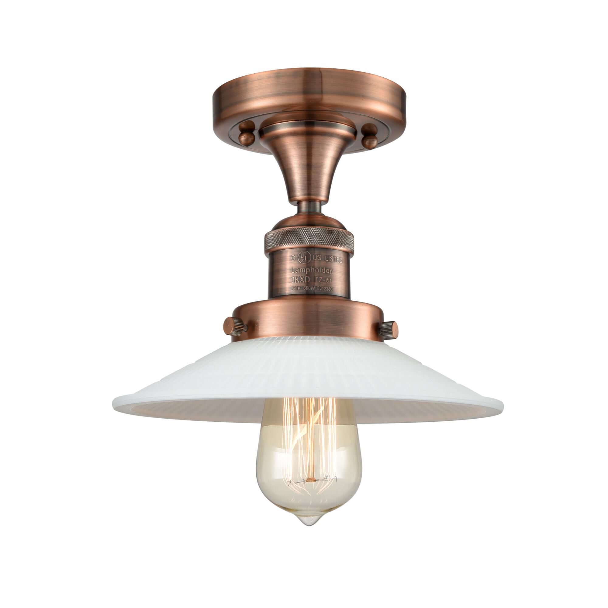 Shown in Antique Copper finish and Matte White Halophane - Cone glass