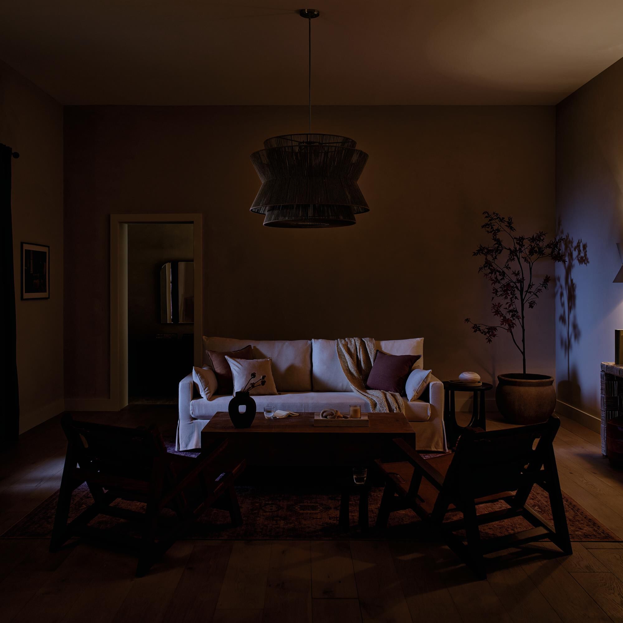 Shown in Champagne Bronze finish and Natural Fibers Textured shade