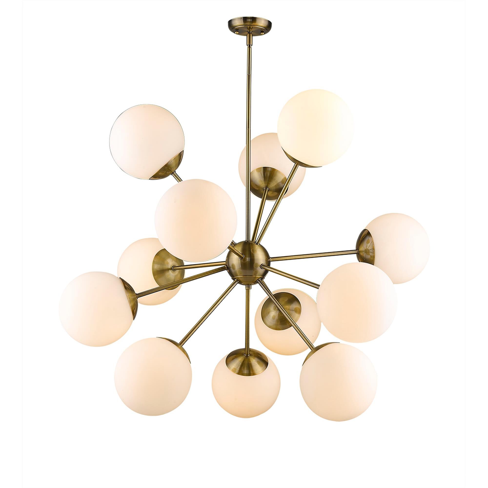 Shown in Antique Brass finish and Opal glass and Opal Glass Globes shade