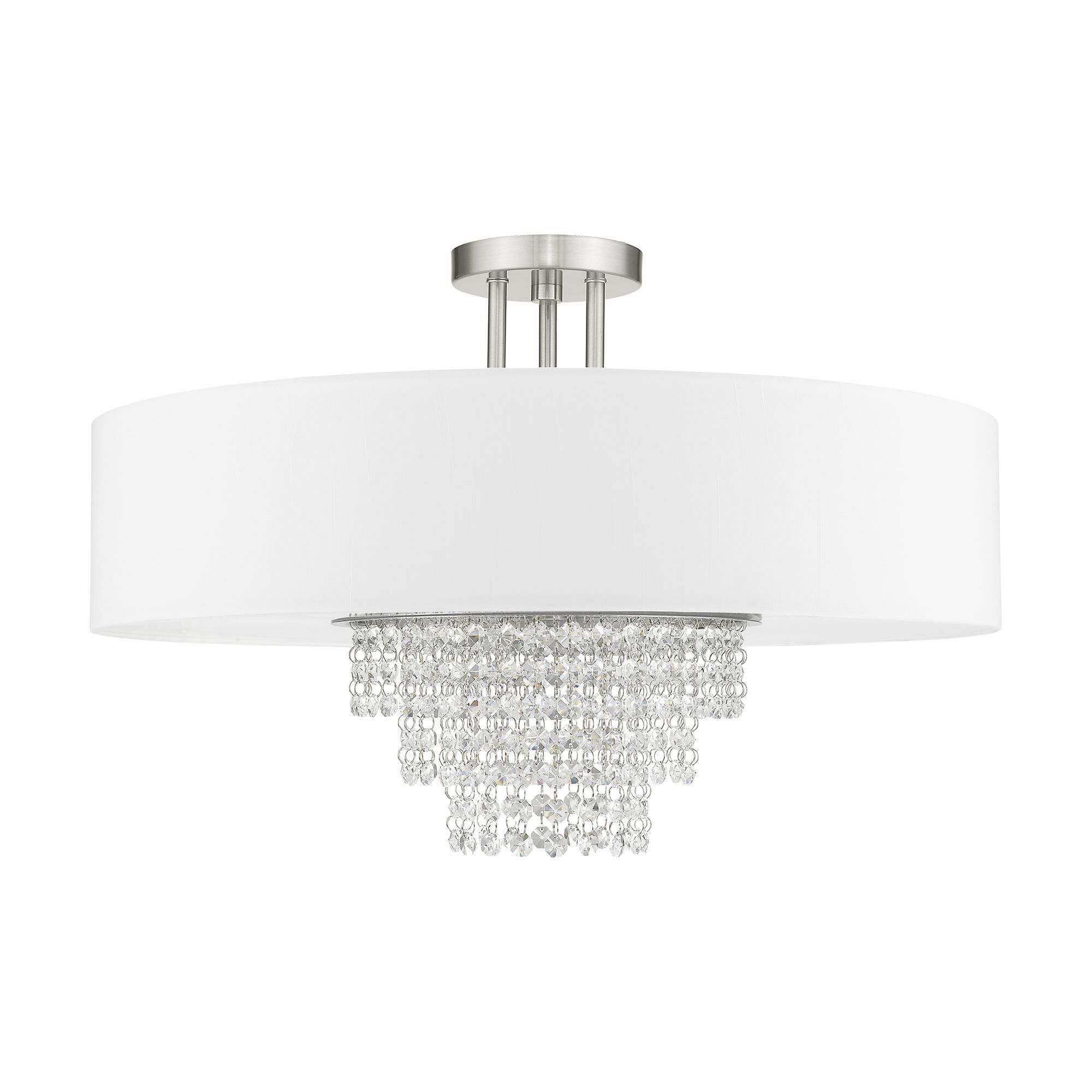 Shown in Brushed Nickel finish and Clear crystal and Off-White Sheer Organza shade