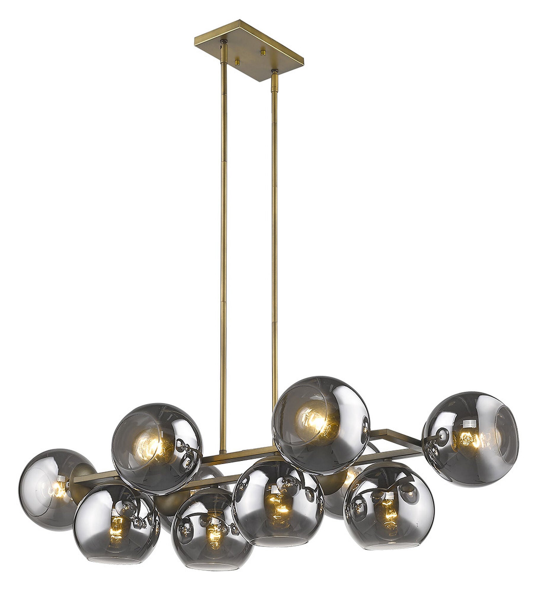 Shown in Aged Brass finish and Smoke glass and Smoke Glass Globes shade