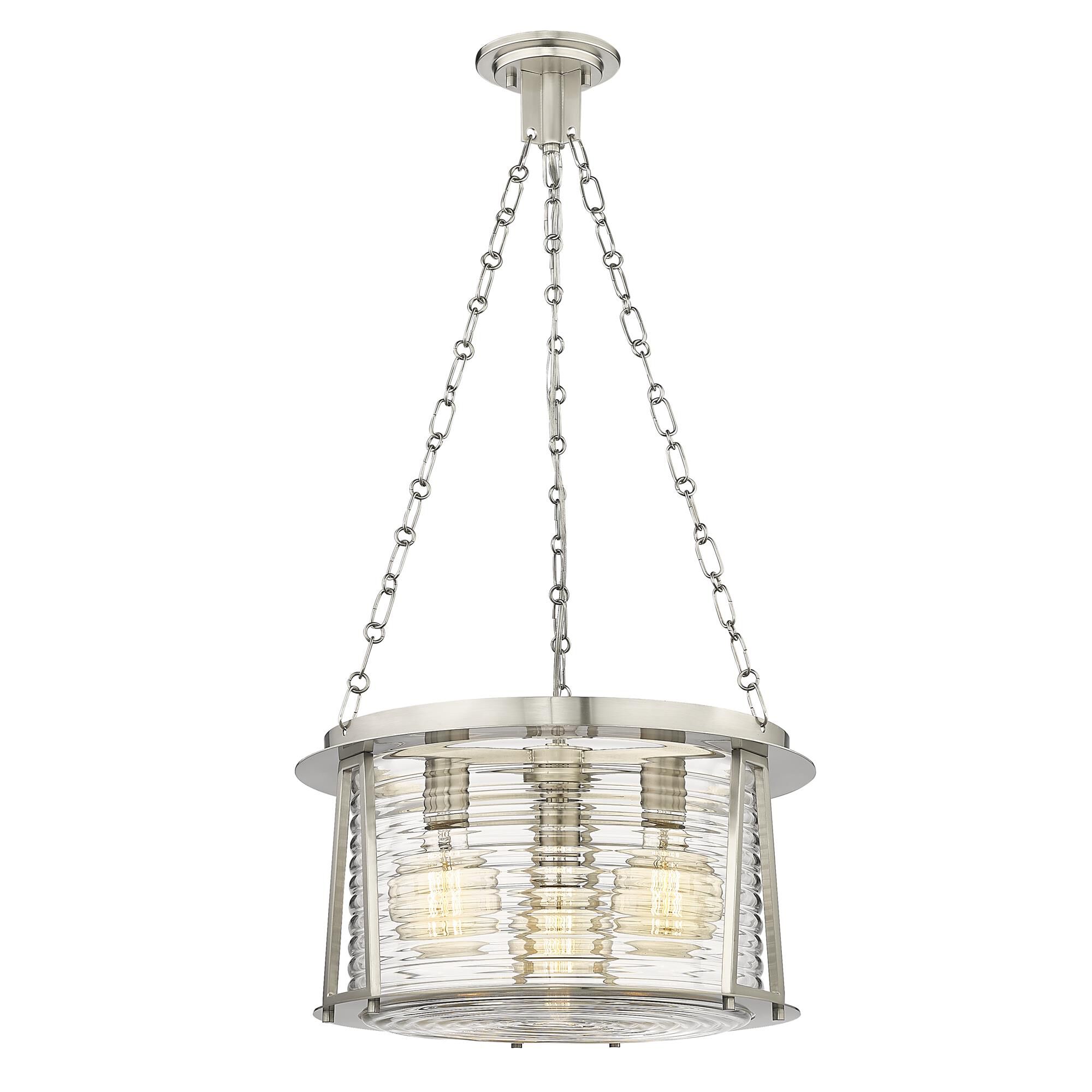 Shown in Brushed Nickel finish and Water Hammered glass