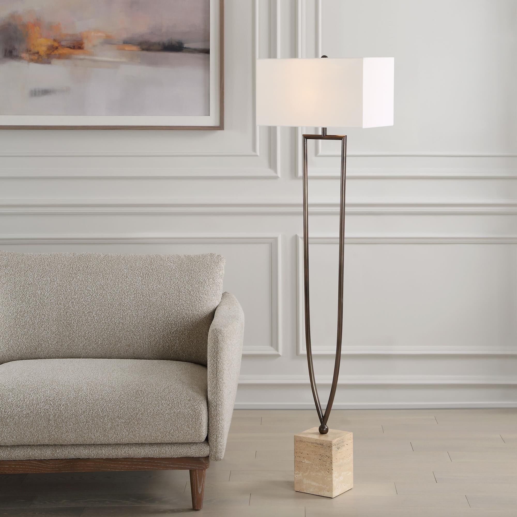 Shown in This Floor Lamp Features A Unique Split Iron Column Finished In A Warm Dark Bronze, Displayed On A S finish and Rectangle Hardback shade