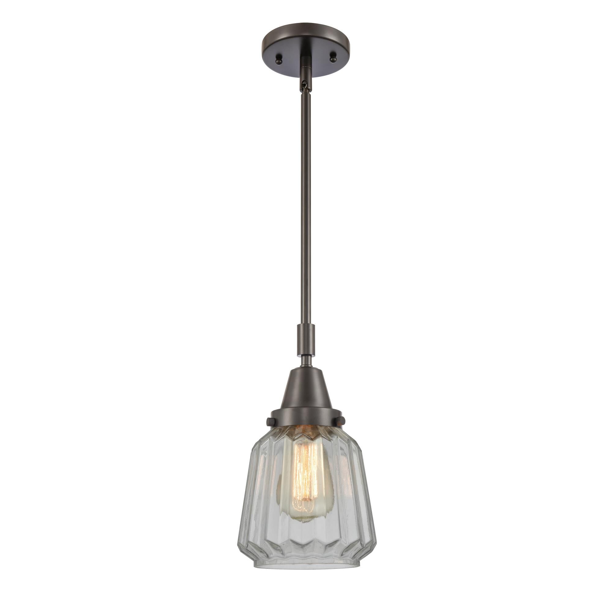 Shown in Oil Rubbed Bronze finish and Clear Chatham glass