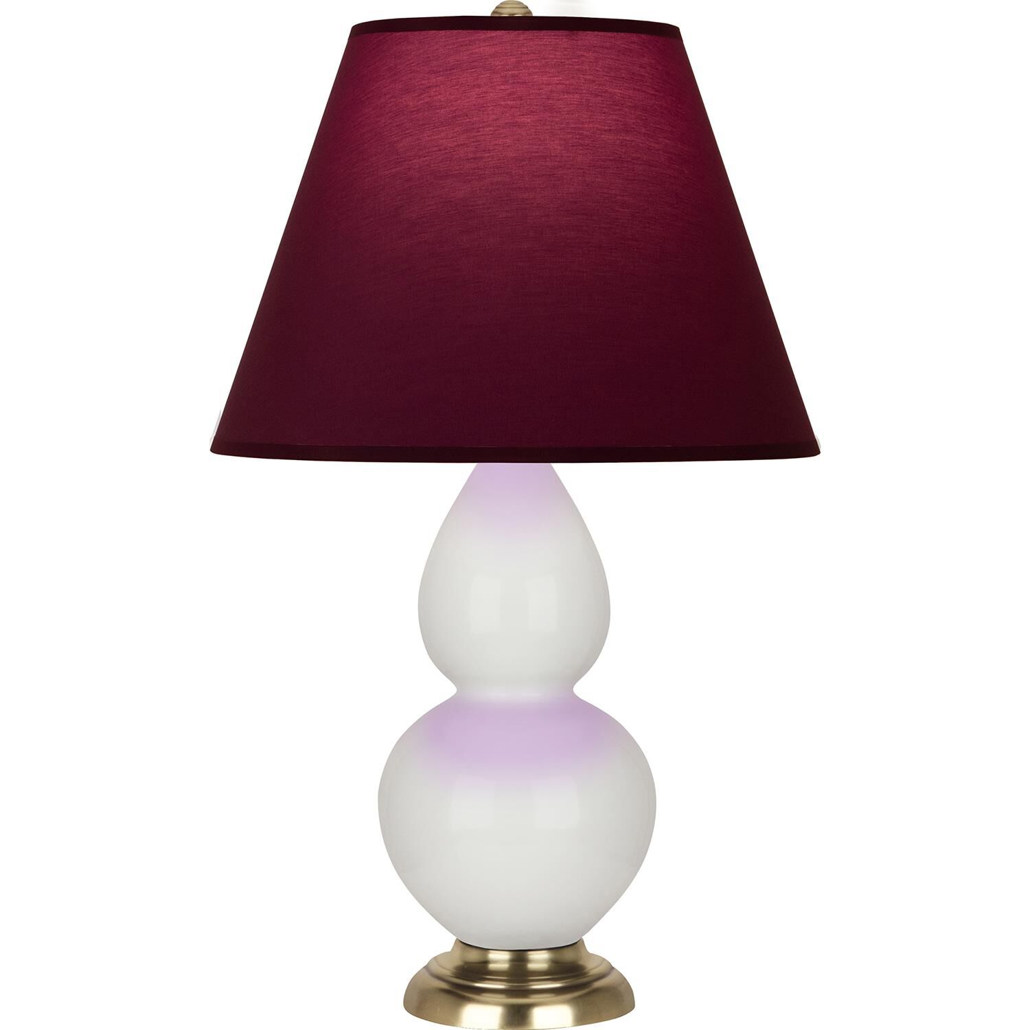 Shown in Lily finish and Plum and Lavender shade and Antique Natural Brass accent